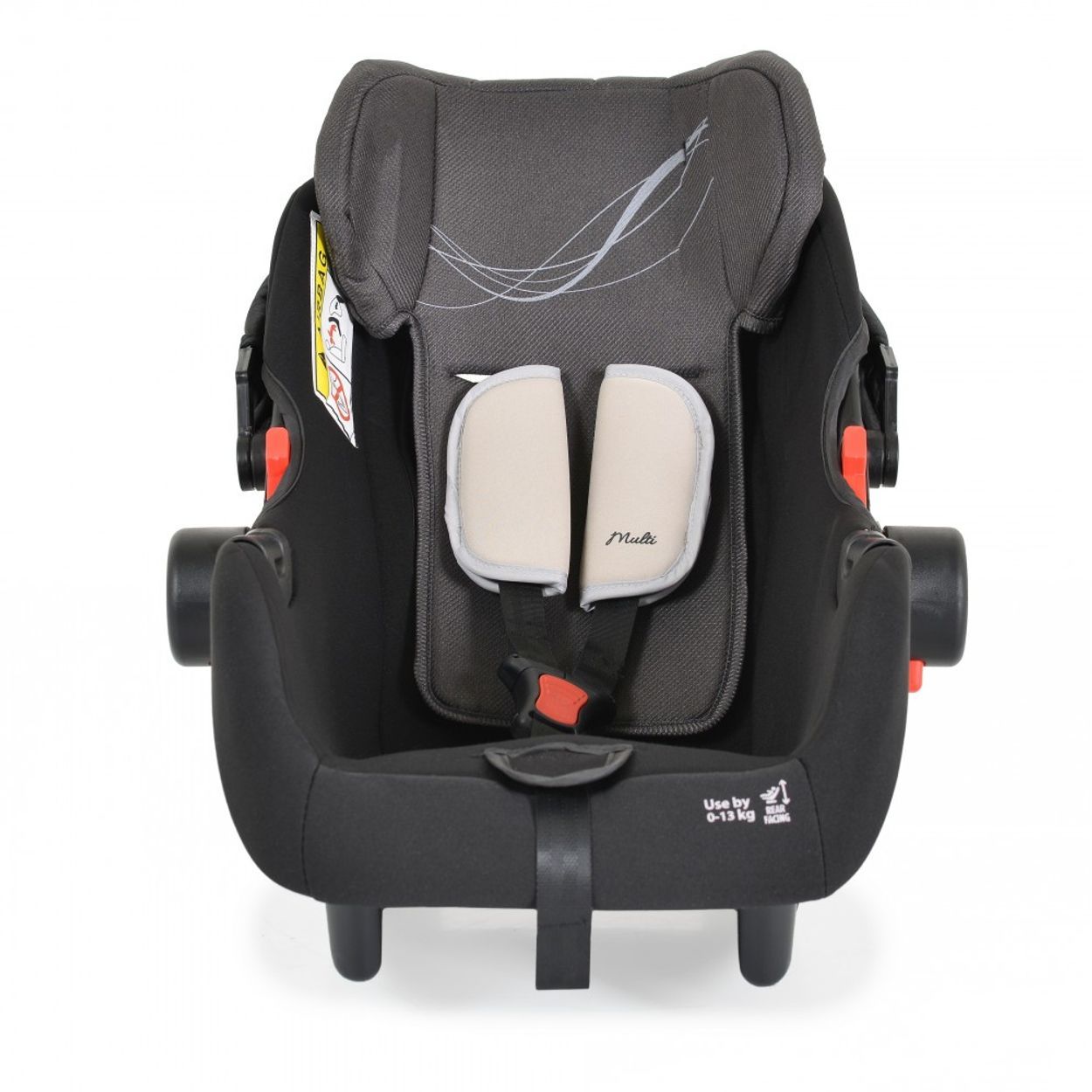 Baby-Autositz mit Verdeck und Basisstation, beige und schwarz.