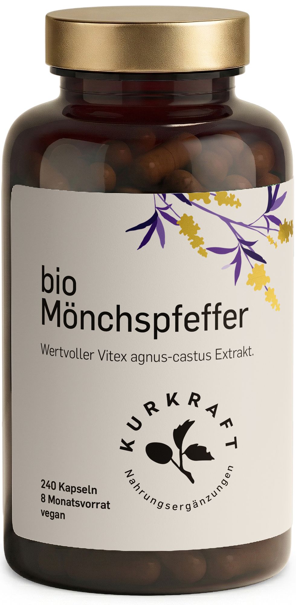 Braune Flasche mit Bio Mönchspfeffer Kapseln. Aufschrift: 240 Kapseln, 8 Monatsvorrat, vegan. Logo Kurkraft. Goldener Deckel.