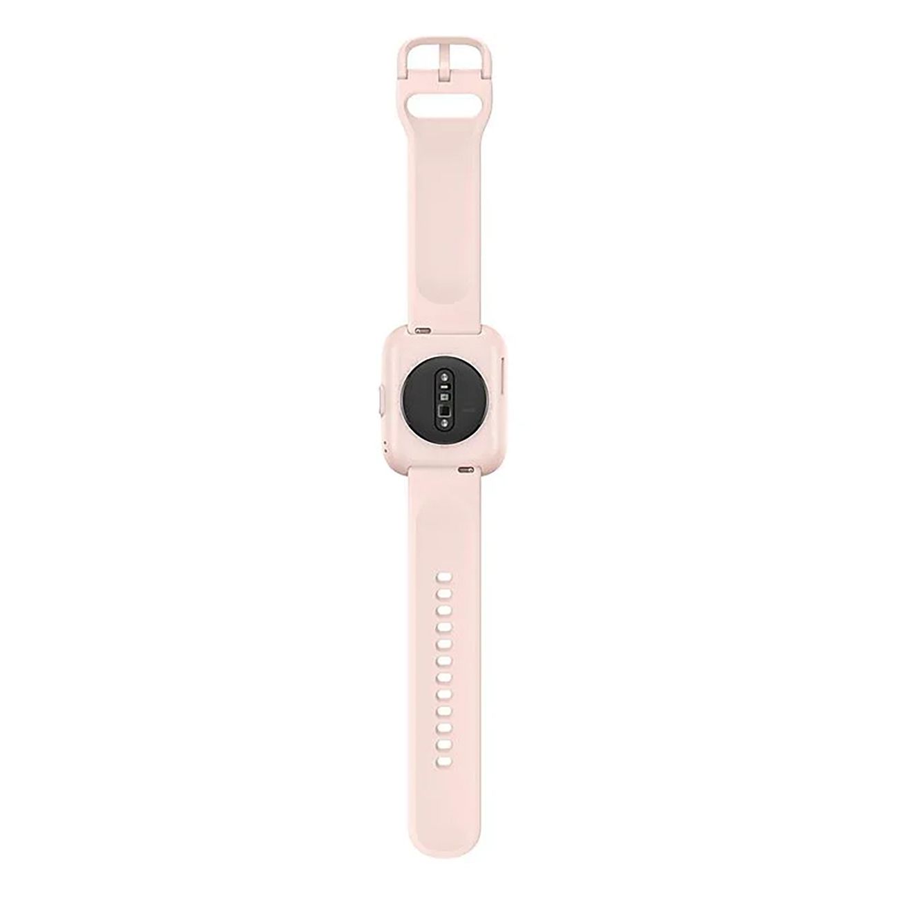 Amazfit Bip 5-rosa Smartwatch. Rückseite mit Sensoren und Ladekontakten. Rosa Armband.
