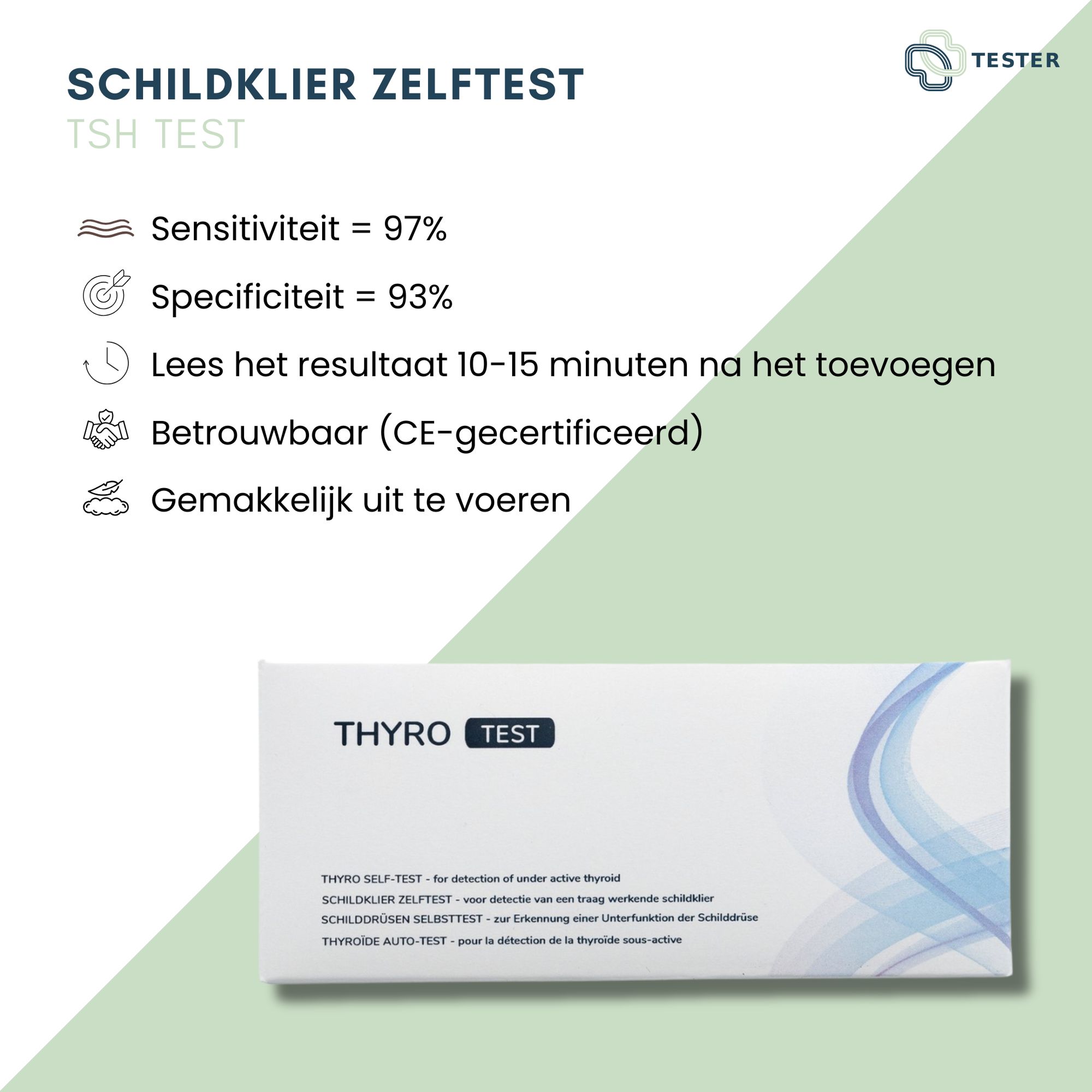 Infografik mit "Schilddrüse Selbsttest". Sensitivität 97%, Spezifität 93%. Ergebnis nach 10-15 Minuten. Zuverlässig (CE-zertifiziert). Einfach durchzuführen. Produktverpackung.