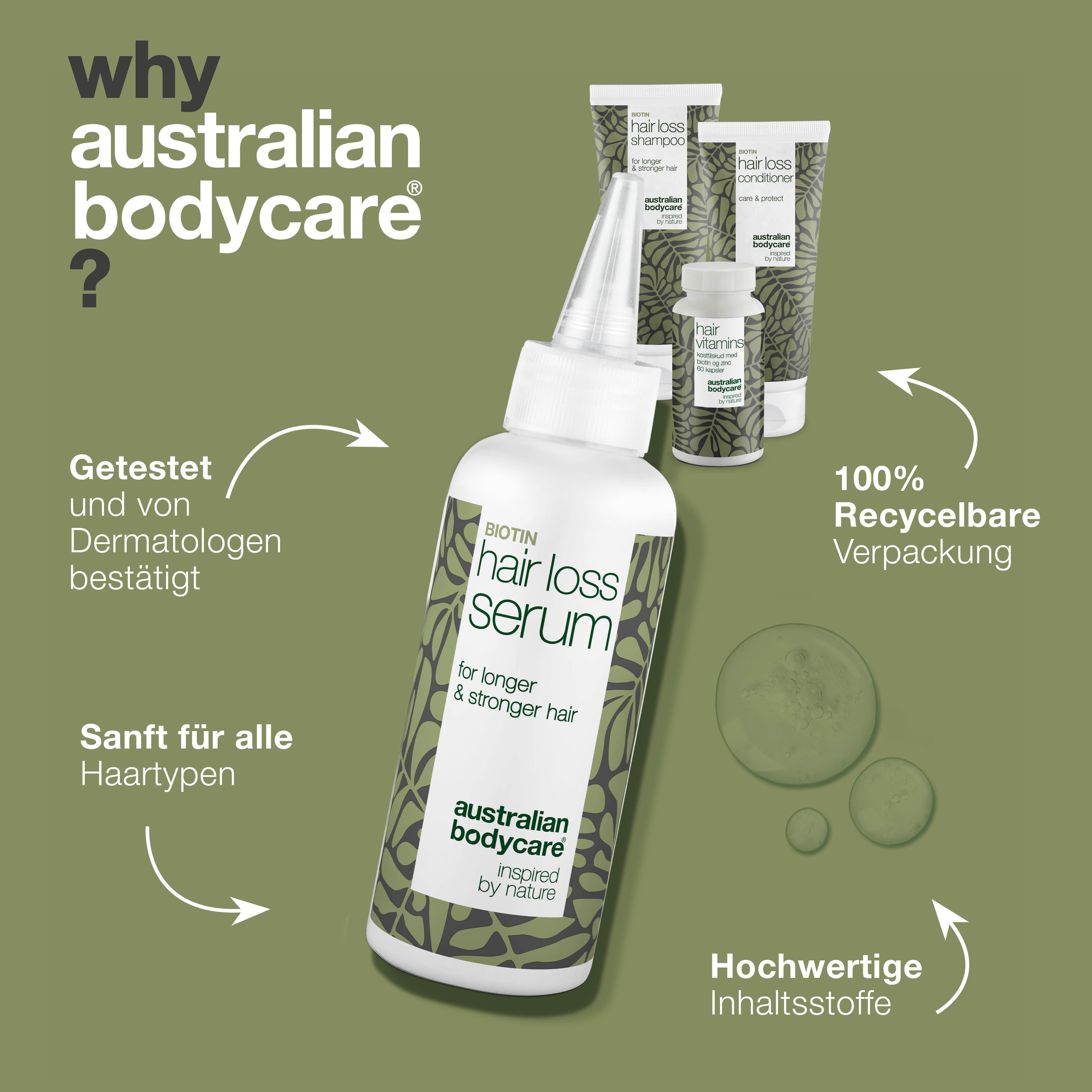 Haarserum-Flasche, daneben Shampoo, Conditioner und Tabletten. Text: Warum Australian Bodycare?