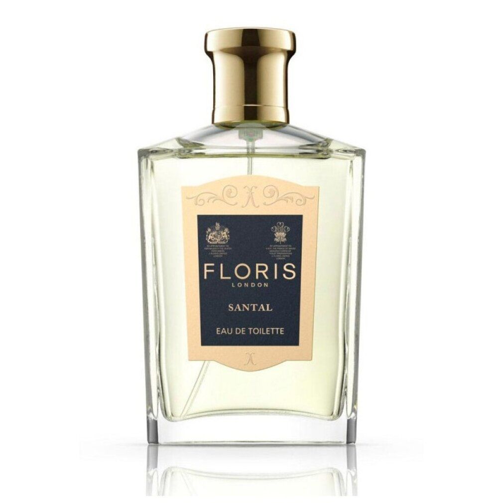 Floris Santal Eau de Toilette Spray. Rechteckige Flasche mit goldfarbenem Verschluss. Aufschrift: FLORIS LONDON, SANTAL, Eau de Toilette.
