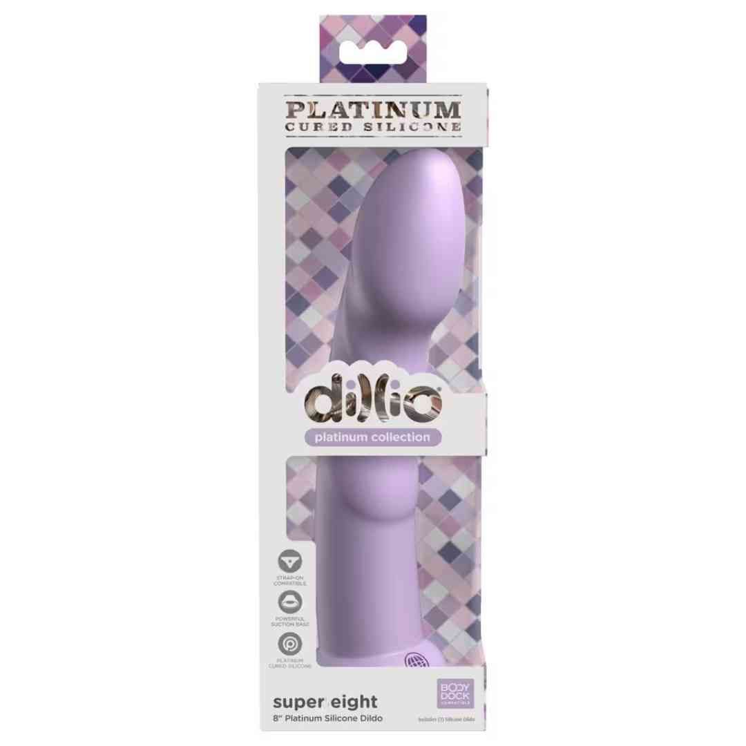 Lila Dildo „Super Eight“ in Verpackung. Marke Dillio, Platinum Collection. Sichtbare Merkmale: gebogene Form, Silikon.
