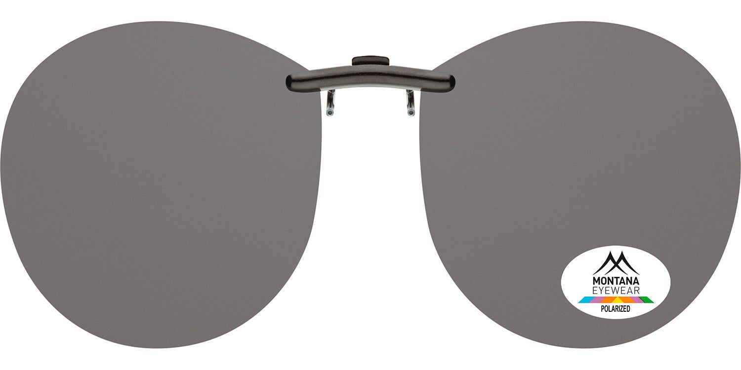 Clip-on-Sonnenbrille mit runden Gläsern und Metallbügel. Montana Eyewear-Logo und Polarized-Aufkleber.