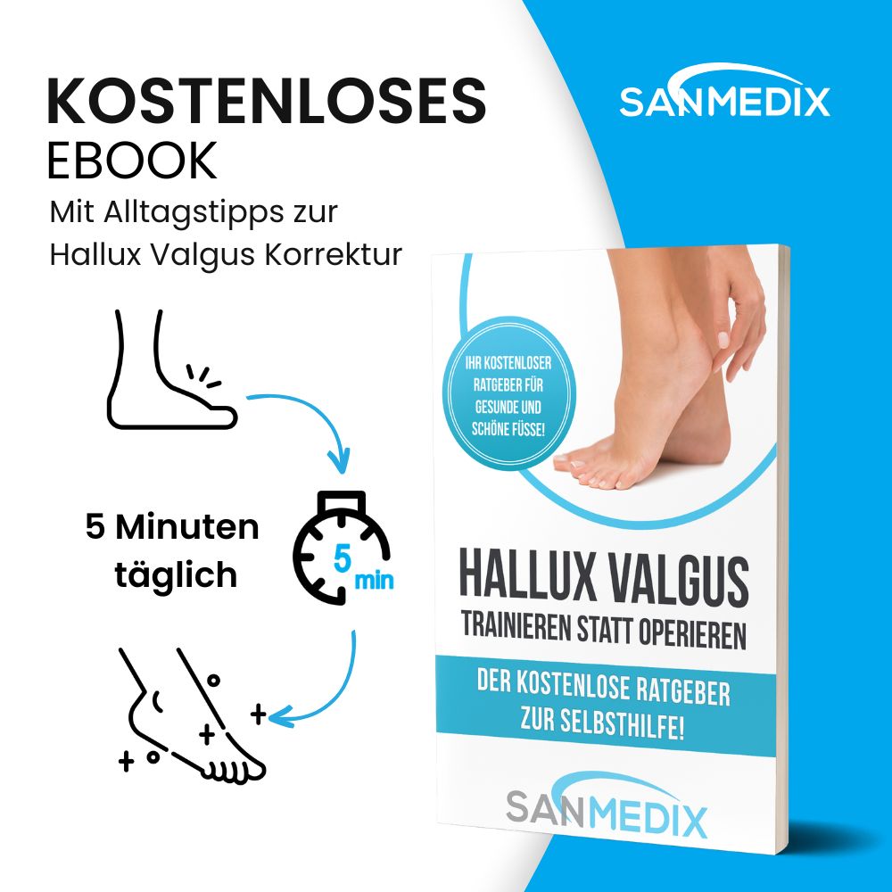 Anleitung für Hallux Valgus Korrektur: 5 Minuten täglich. E-Book Cover mit Fuß-Illustration und Text.