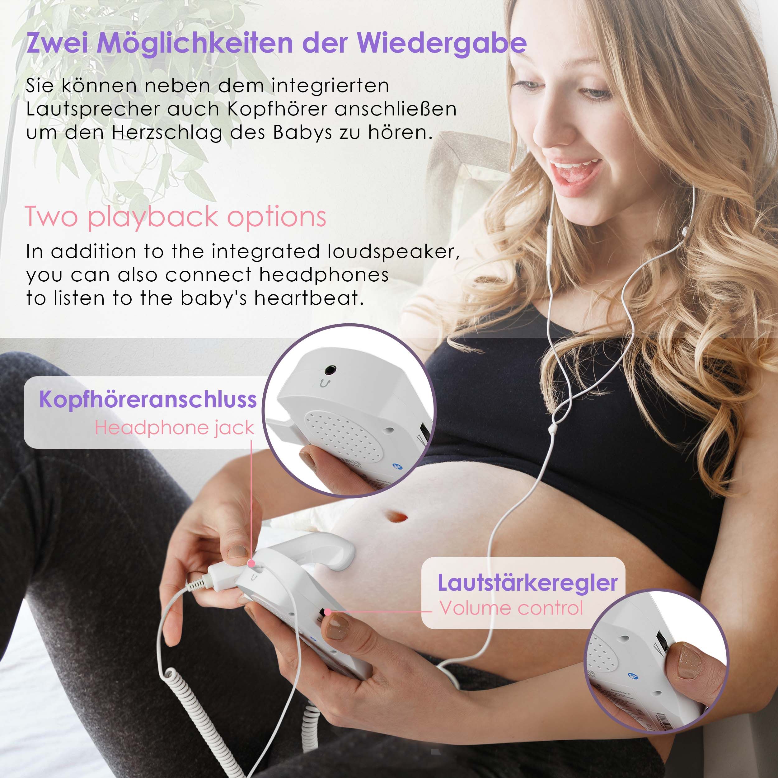 Frau mit Fetal Doppler. Kopfhöreranschluss, Lautstärkeregler. Gerät auf Bauch. Zwei Wiedergabeoptionen.