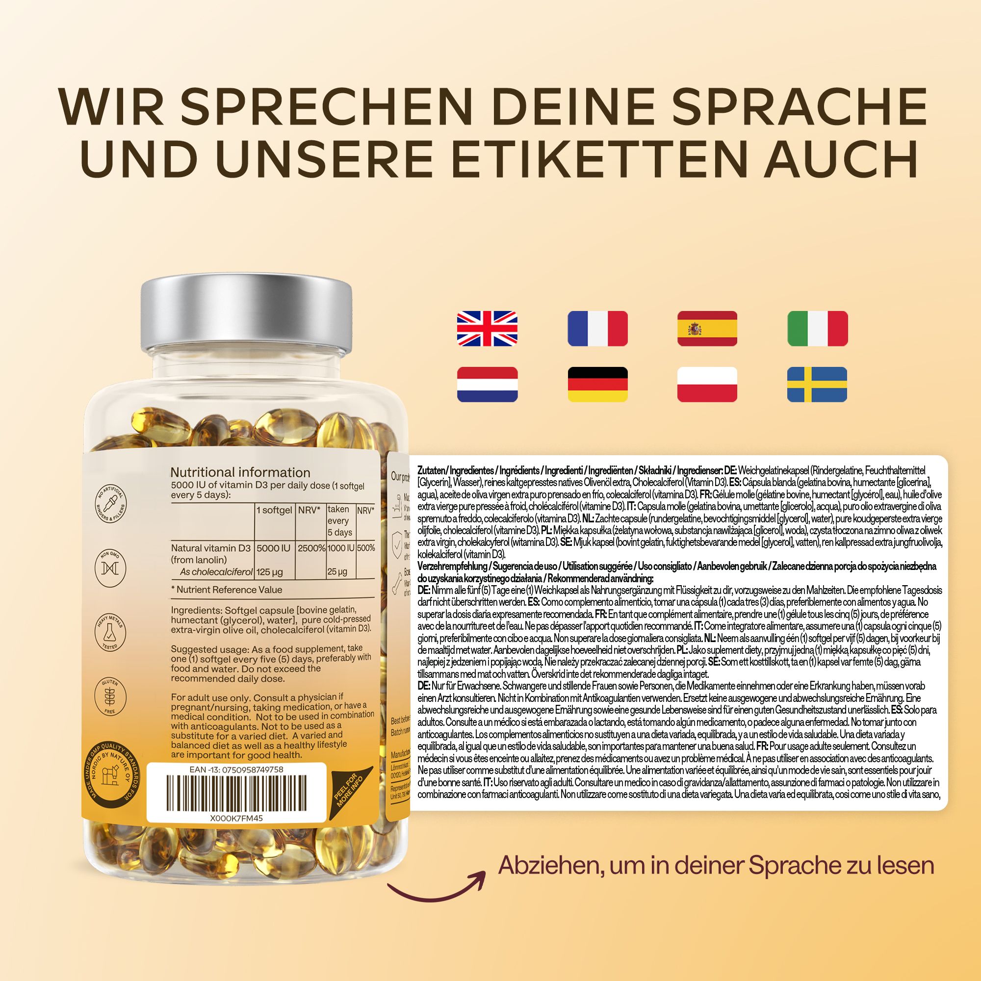 Flasche mit Vitamin D3-Kapseln und Etikett in verschiedenen Sprachen. Enthält Nährwertangaben.