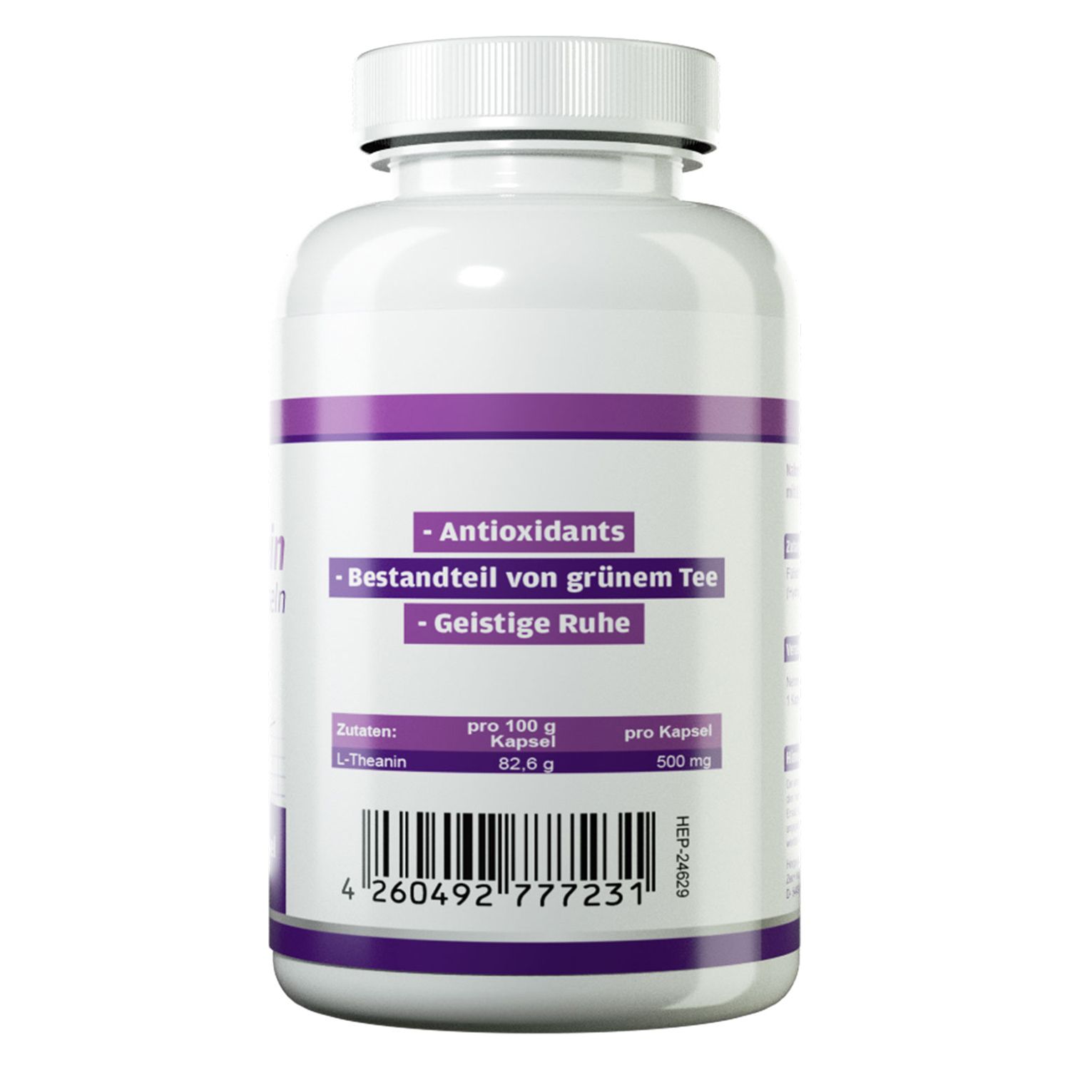 Rückseite einer weißen Pillenflasche. Lila Streifen mit Text: Antioxidantien, Bestandteil von grünem Tee, Geistige Ruhe. Barcode.