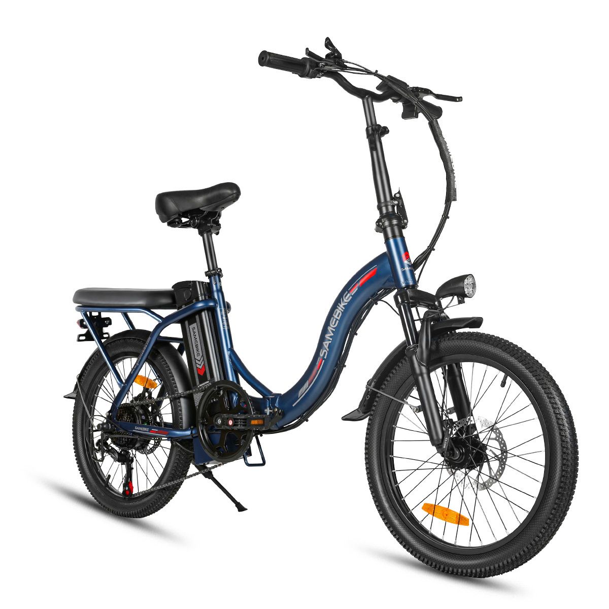 Blaues, zusammenklappbares Elektrofahrrad. Schwarze Reifen, Sattel und Lenker. Marke SAMEBIKE sichtbar.