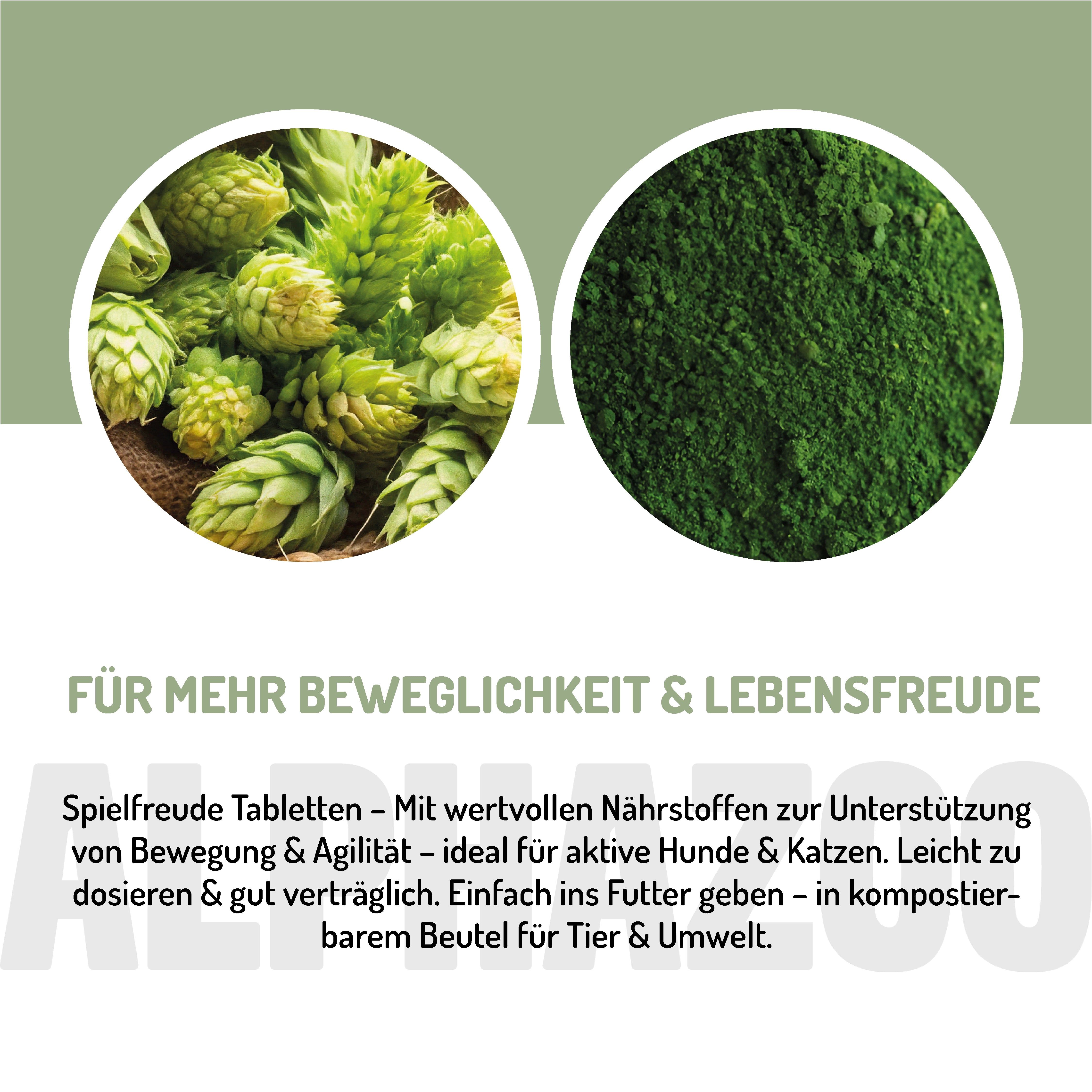 Zwei Kreise mit Hopfen und Pulver. Text: Für mehr Beweglichkeit & Lebensfreude. Tabletten für Hunde & Katzen. Leicht zu dosieren.