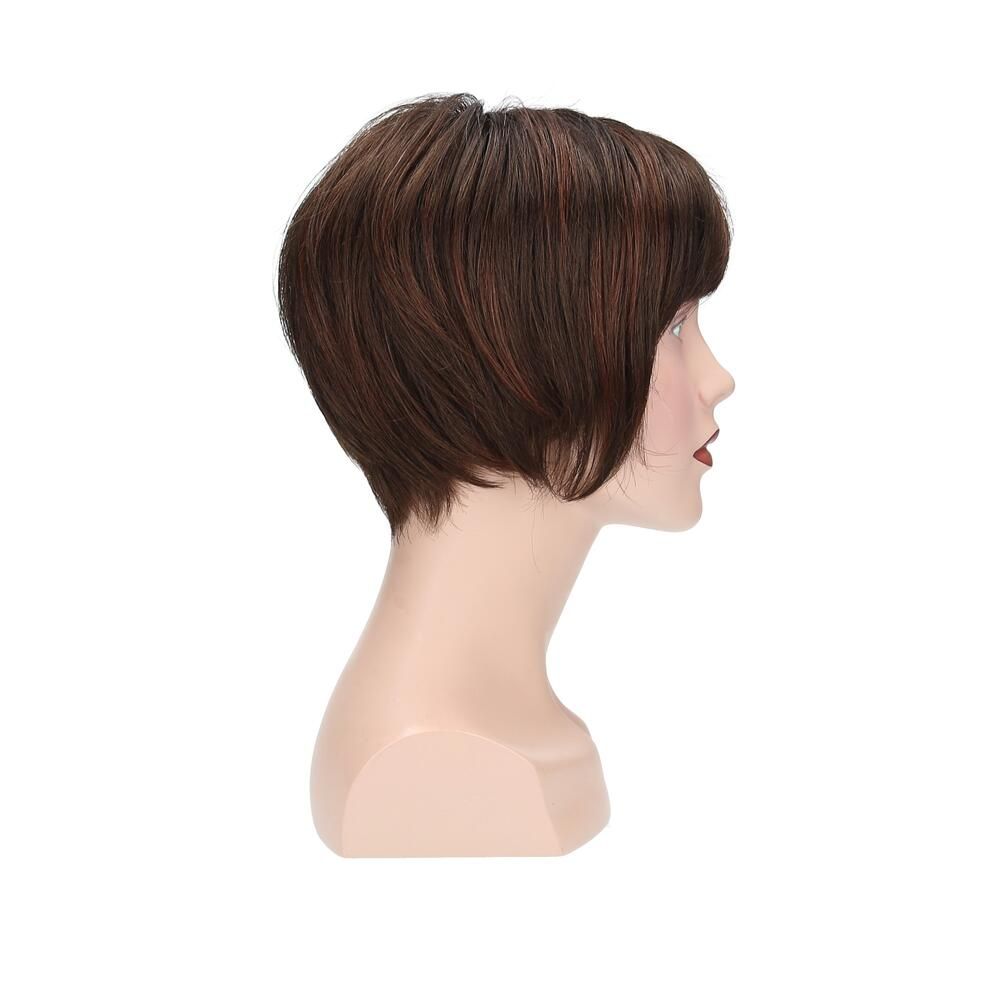 Perücke Alicia von trendhair, braun mit roten Strähnen, auf einem Schaufensterkopf. Seitenansicht.