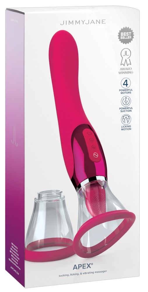 Verpackung von JimmyJane Apex. Pinkfarbener Vibrator mit transparentem Aufsatz.