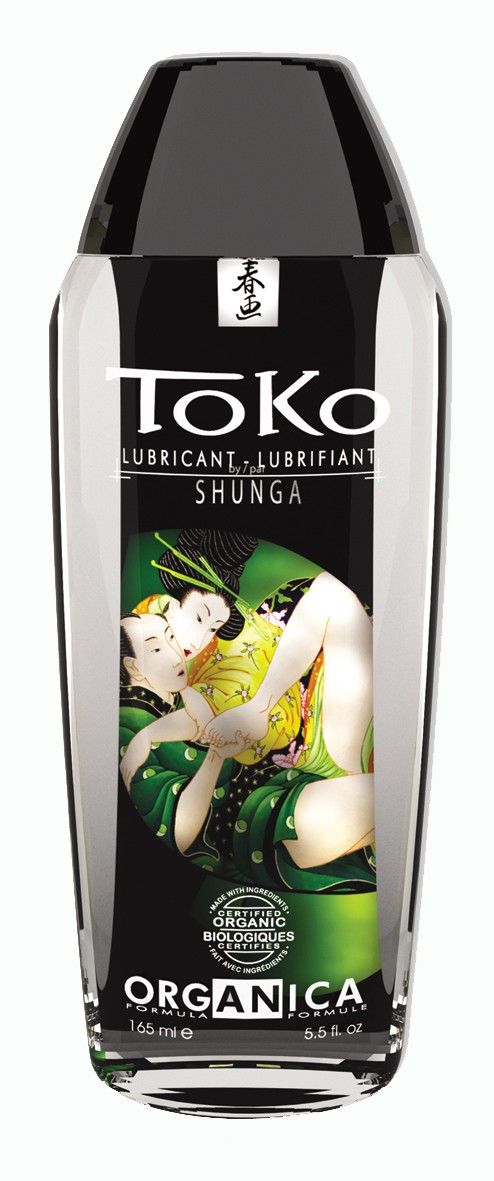 Toko Organica Shunga Gleitmittel in transparenter Flasche mit schwarzem Verschluss. Etikett mit asiatischem Motiv und Produktinformationen.