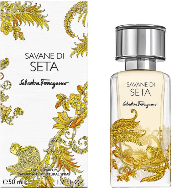 Salvatore Ferragamo Savane di Seta EdP Nat. Spray. Flakon und Verpackung mit goldenen Verzierungen. Aufschrift: Savane di Seta, Salvatore Ferragamo.