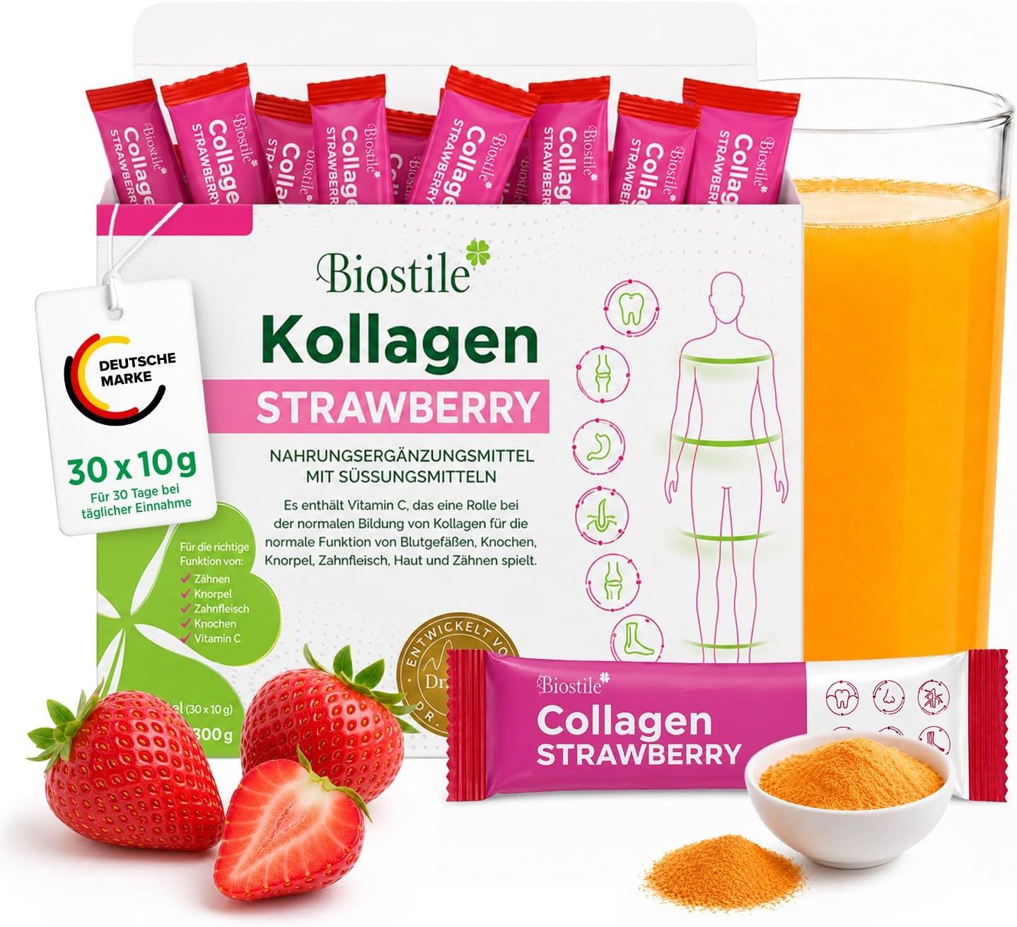 Biostile Collagen Strawberry Karton, Beutel, Erdbeeren, Saft und Pulver.