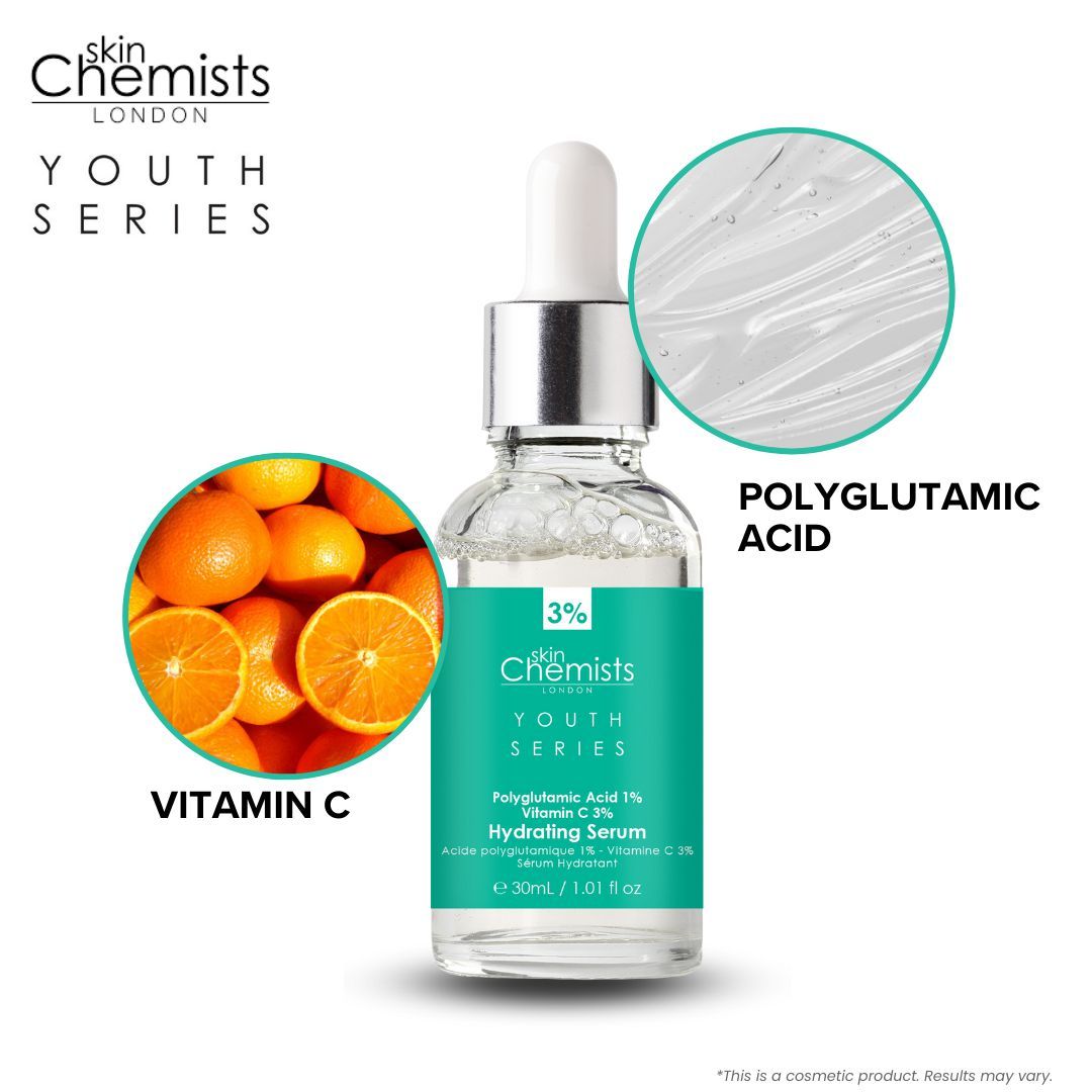 Serumflasche mit Orangen und Text. Aufschrift: skinChemists, Youth Series, Hydrating Serum. Text: Vitamin C, Polyglutaminsäure.