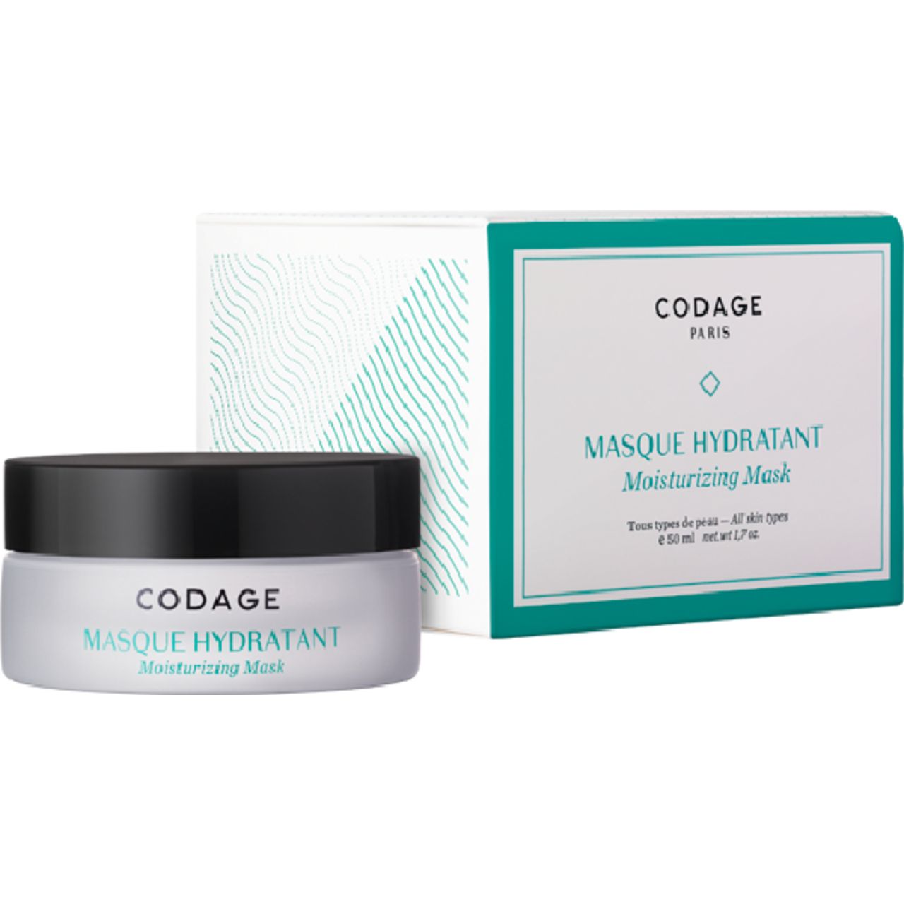 Dose und Verpackung. Aufschrift: CODAGE, MASQUE HYDRATANT, Moisturizing Mask. Verpackung mit grünen Akzenten.