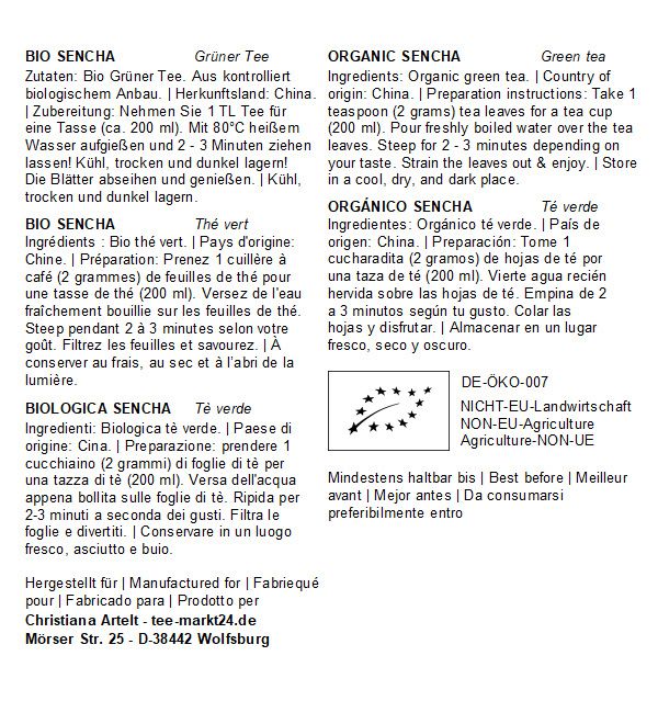 Text mit Informationen zu Bio Sencha Tee. Enthält Zubereitungshinweise, Herkunft und Bio-Siegel.