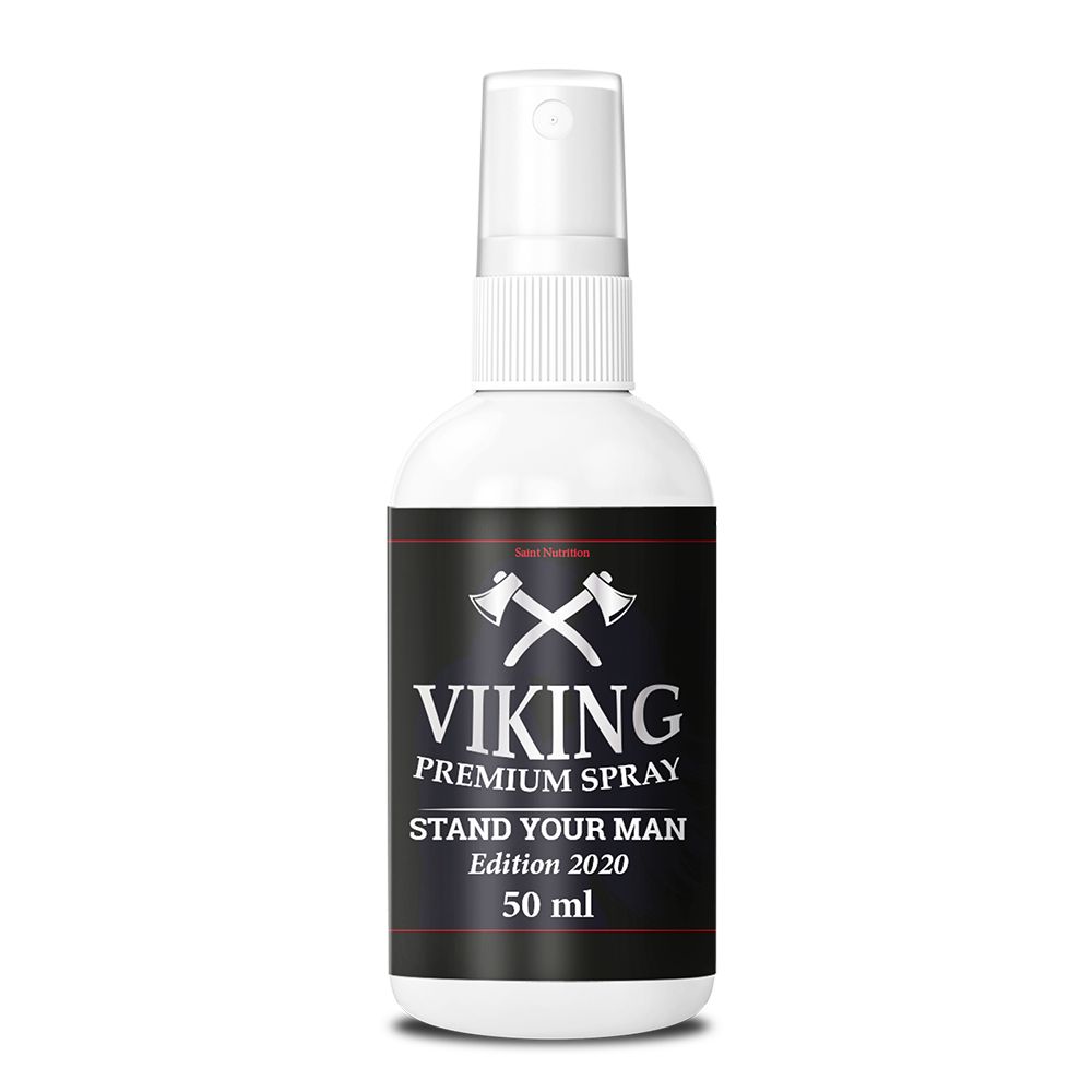 Weiße Sprühflasche mit schwarzem Etikett, das gekreuzte Äxte und die Aufschrift VIKING PREMIUM SPRAY zeigt.