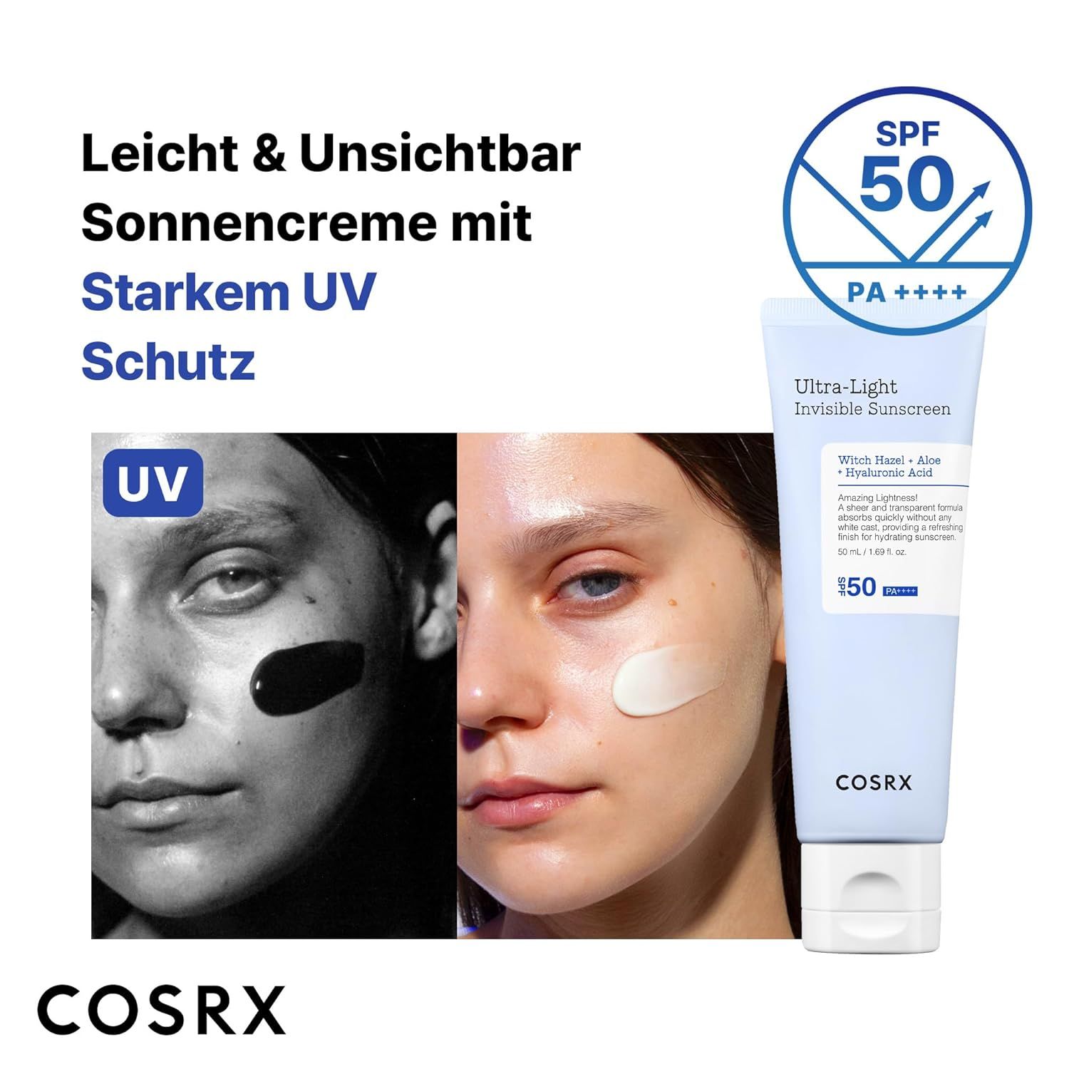 Frau mit Produkt und Text. Sonnencreme mit starkem UV-Schutz. Vergleich: UV-Belichtung. Produkt: Tube, SPF 50, COSRX.