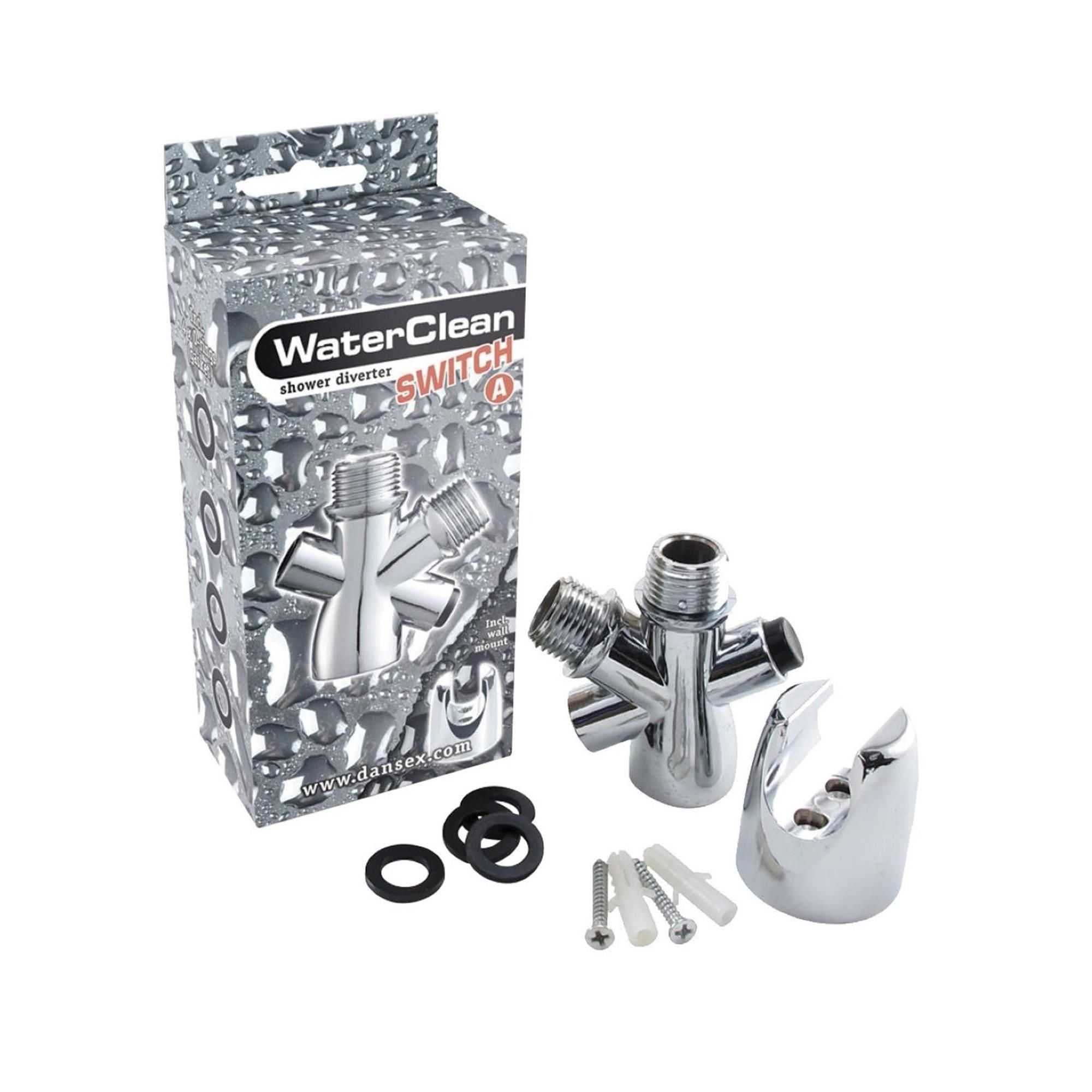 Verchromter Duschumsteller WaterClean Switch, Zubehör und Verpackung. Enthält Dichtungen, Halterung, Schrauben. Verpackung mit Wassertropfen-Muster.
