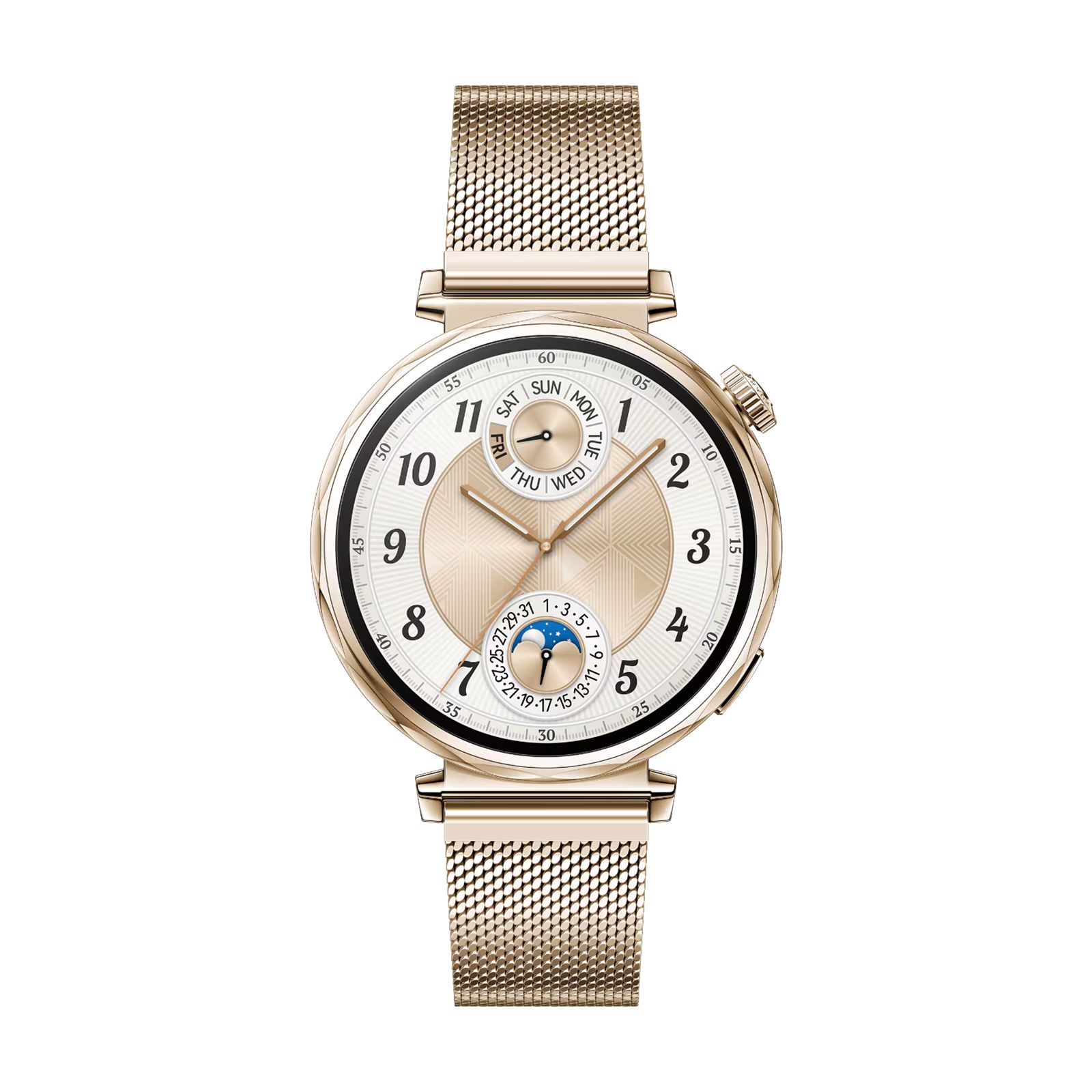 Draufsicht auf die Smartwatch. Goldfarbenes Gehäuse mit rundem Zifferblatt. Milanaise-Armband.