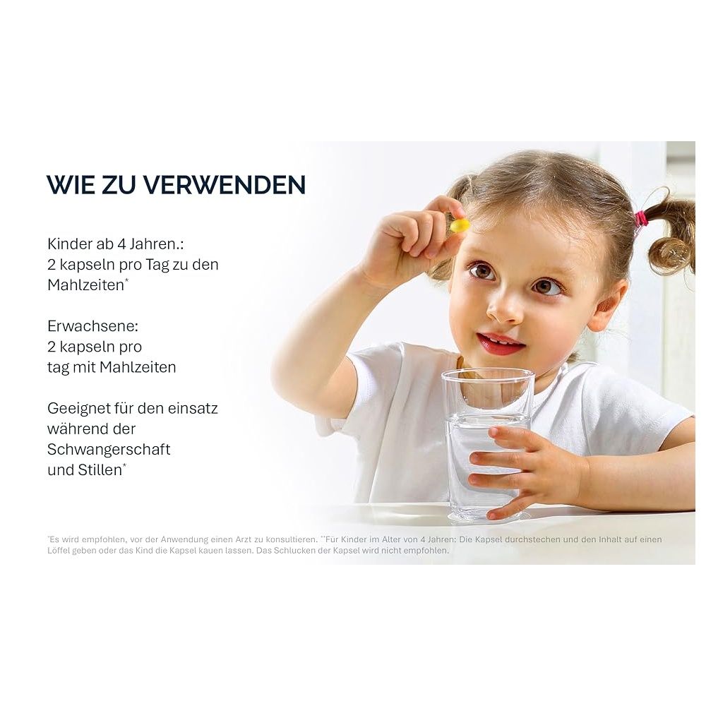 Kind hält gelbe Kapsel und Glas Wasser. Text: Wie zu verwenden. Für Kinder und Erwachsene.