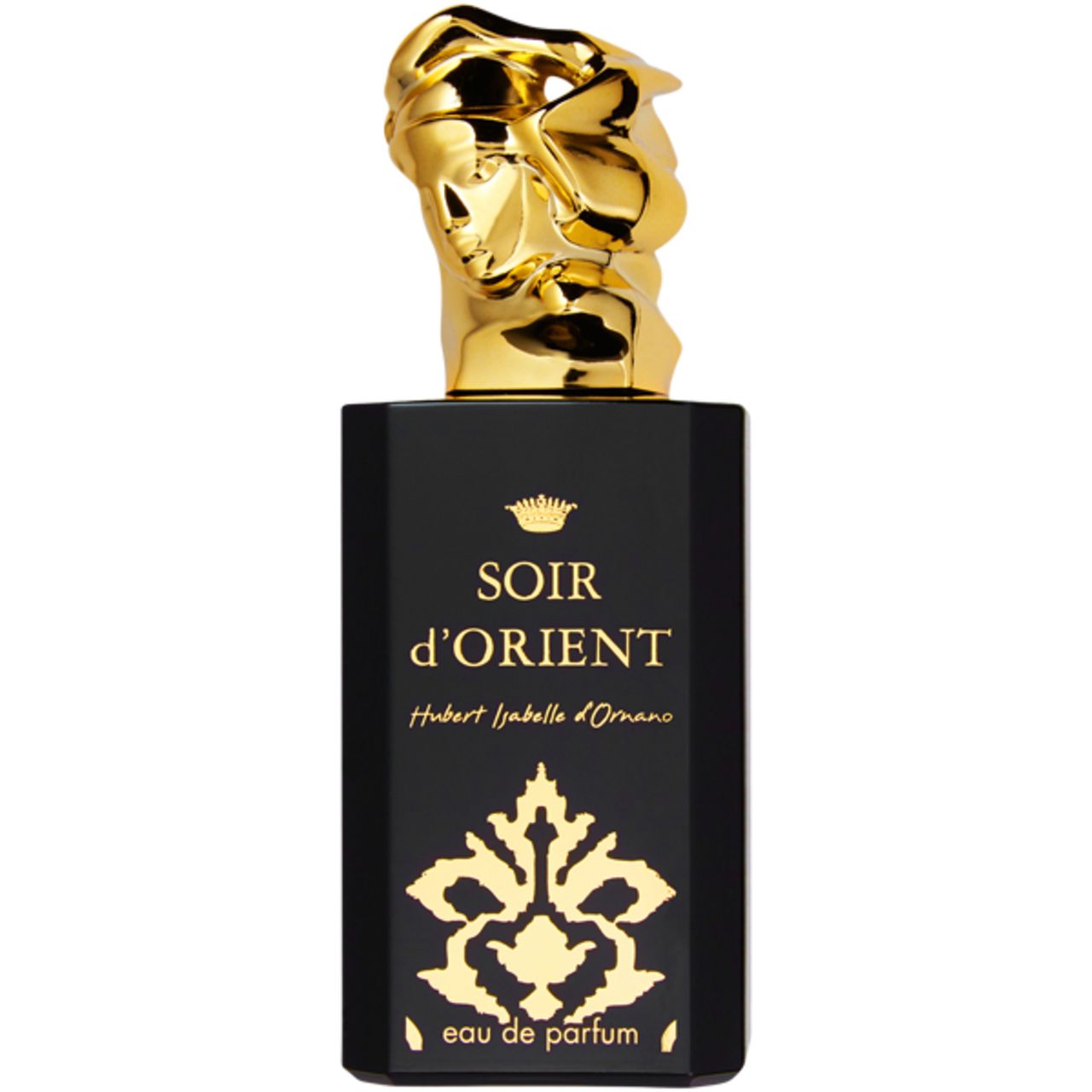 Schwarzer Flakon mit goldener Kappe. Aufschrift: Soir d'Orient, Eau de Parfum. Goldene Verzierungen.