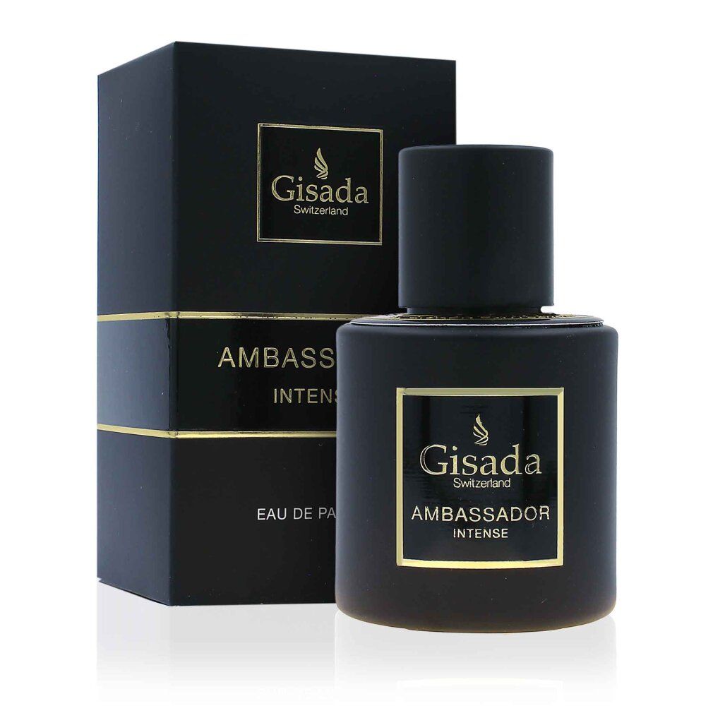 Schwarzer Flakon und Schachtel. Aufschrift: Gisada Ambassador Intense. Eau de Parfum. Goldfarbene Schrift.