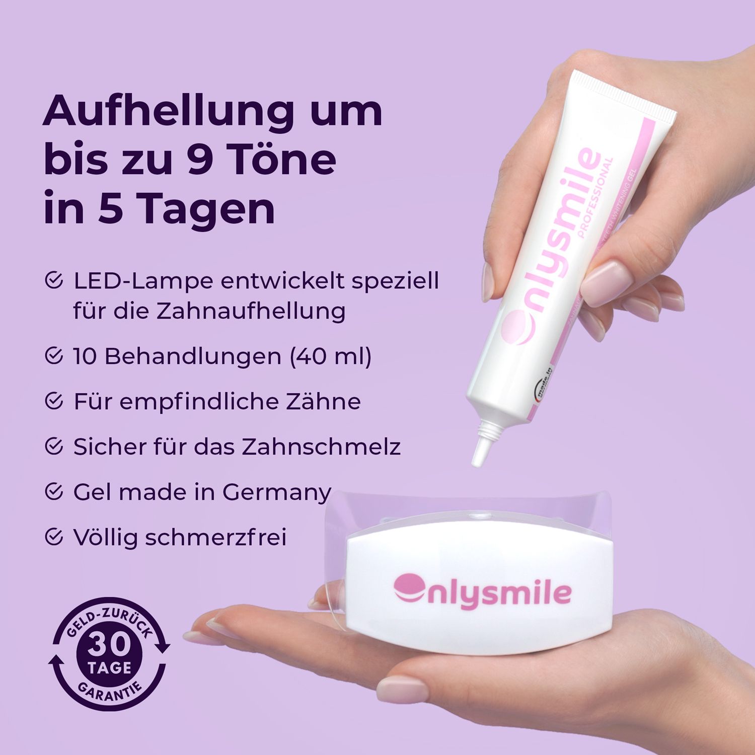 Hände halten Onlysmile-Produkt. Enthält Gel und LED-Lampe. Text: Gel made in Germany. 10 Behandlungen. Ohne Schmerzen.