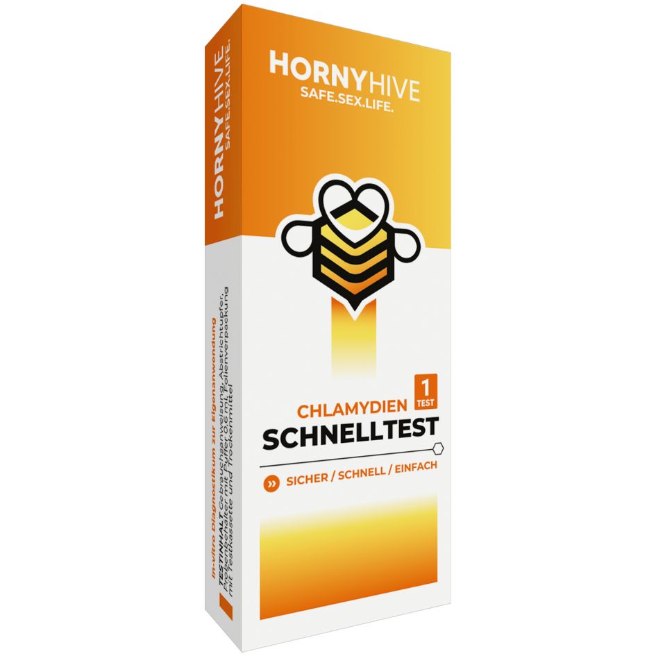 Horny Hive Schnelltest-Bundle Schachtel, orange. Aufschrift: Chlamydien Schnelltest. Sicher/Schnell/Einfach. Logo mit Biene.