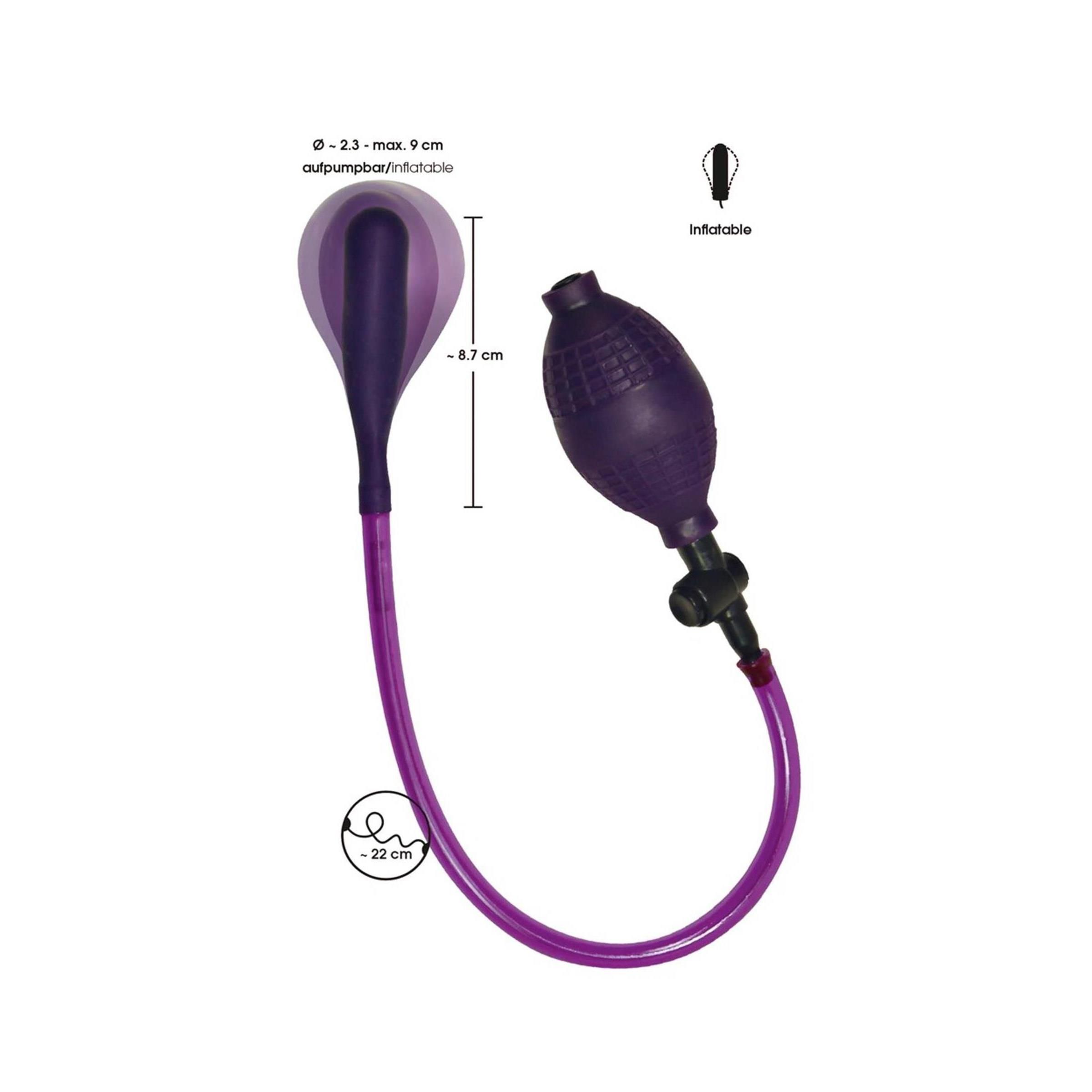 Aufblasbarer Analplug mit Handpumpe, lila. Maße: Ø 2,3-9 cm, 8,7 cm lang, Schlauch ca. 22 cm.