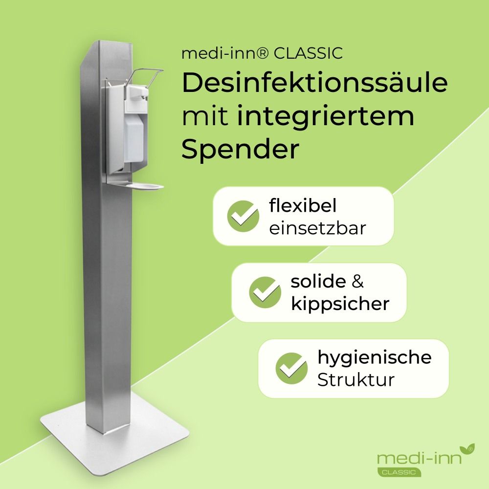 Edelstahl-Desinfektionssäule mit integriertem Spender. Merkmale: flexibel, solide & kippsicher, hygienische Struktur. Logo: Medi-Inn Classic.