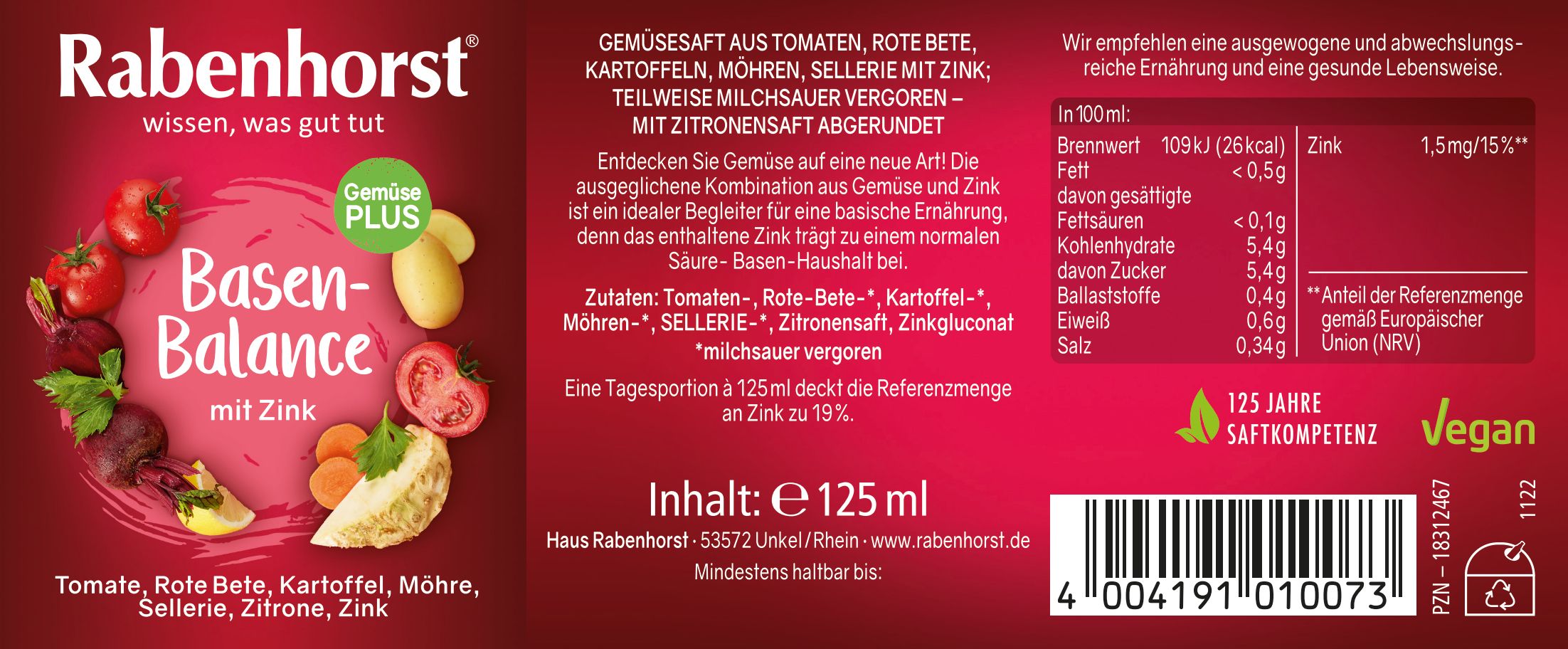 Etikett der Flasche. Aufschrift: Rabenhorst Basen-Balance mit Zink. Gemüse-Illustrationen. Vegan-Logo.