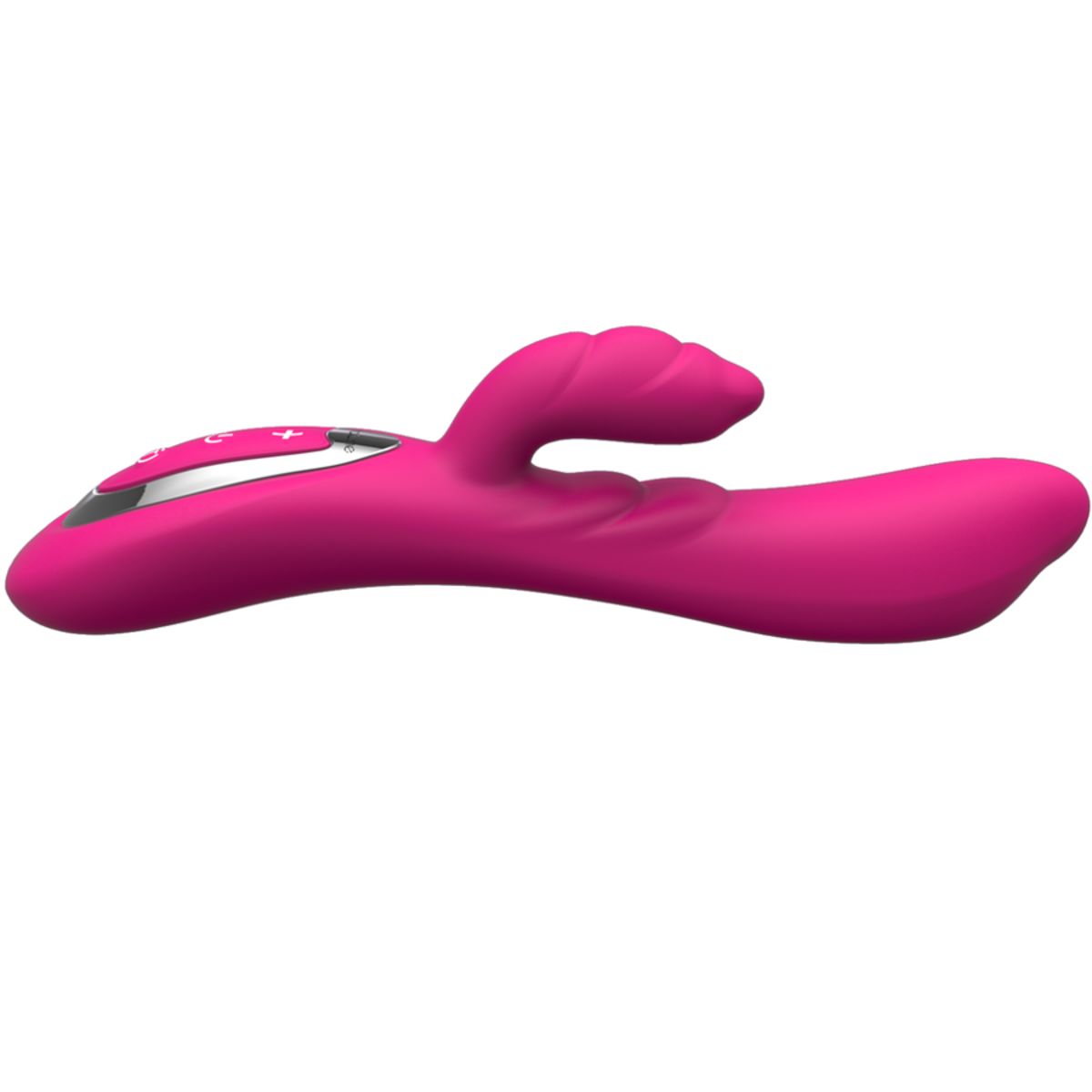 Pinkfarbener Vibrator mit Hasenohren-Design. Mit Bedienfeld und Knöpfen. Seitliche Ansicht.