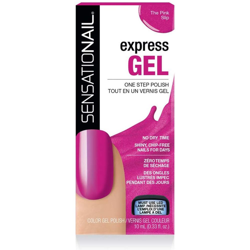 Verpackung von Sensationail Express-Gel-Nagellack. Rosa Farbton, Produktname und Text. Flasche mit 10 ml Inhalt.