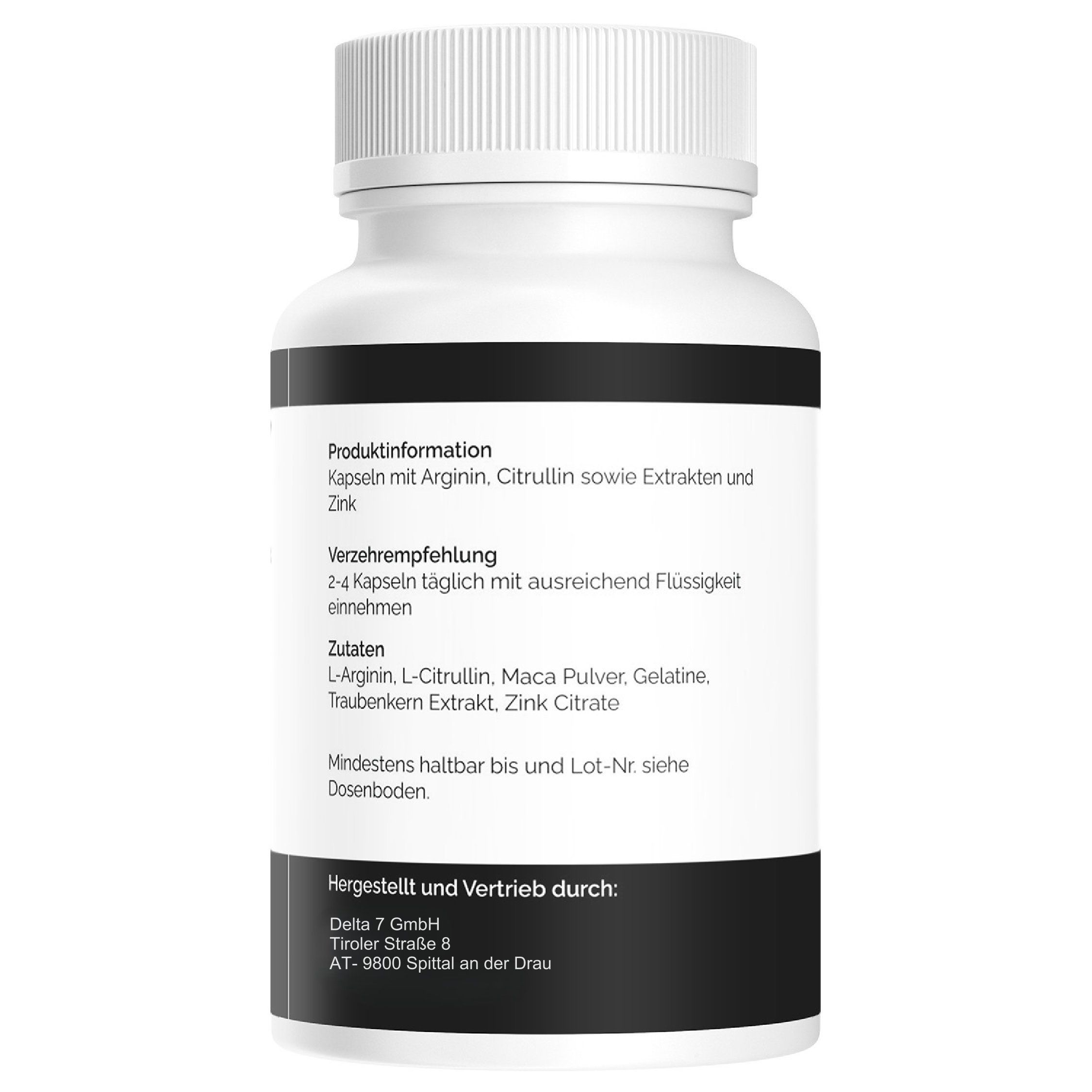 Rückseite einer weißen Flasche. Schwarzes Etikett mit Produktinformationen und Zutatenliste.