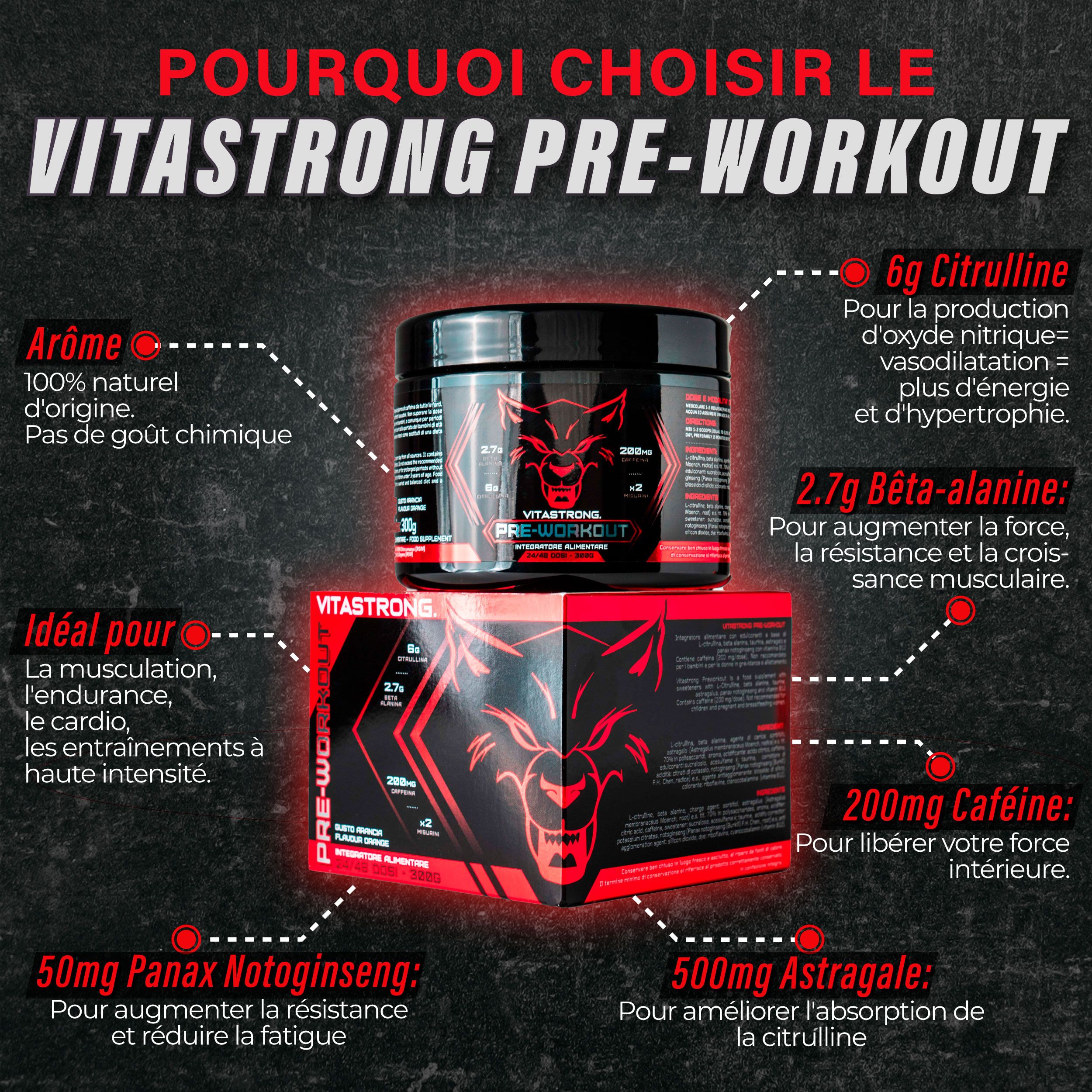 Pot et boîte Vitastrong Pre-Workout. Diagramme avec ingrédients : 6g citrulline, 2,7g bêta-alanine, 200mg caféine, 50mg Panax Notoginseng, 500mg astragale.