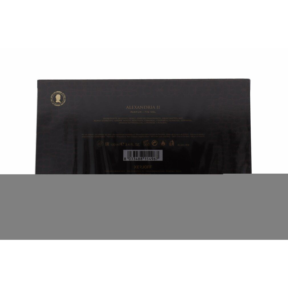 Rückseite einer schwarzen Schachtel. Text und Logos. Aufschrift: ALEXANDRIA II, Barcode, Logos.
