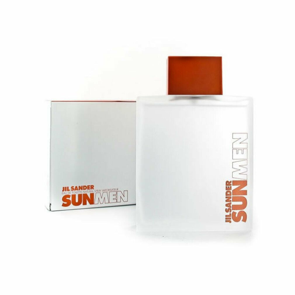 Flakon und Verpackung. Flakon rechteckig, Verschluss orange. Verpackung weiß mit SUN MEN-Schriftzug. Jil Sander-Logo.