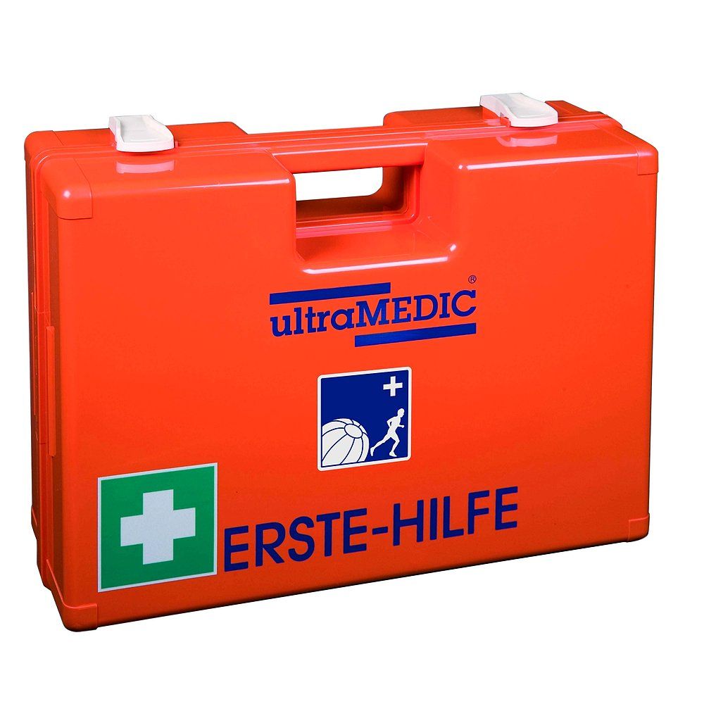 Orange Erste-Hilfe-Tasche mit weißem Griff und Verschlüssen. Logo und Beschriftung 'ERSTE-HILFE'.