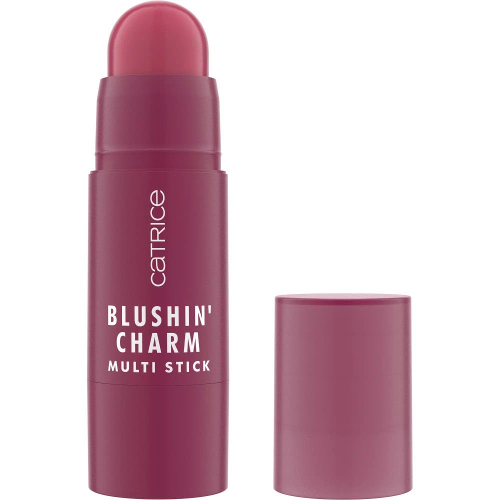 Catrice Blush Stick, geöffnet. Zylindrische Form, dunkelrosa. Deckel daneben. Aufschrift: BLUSHIN' CHARM MULTI STICK.