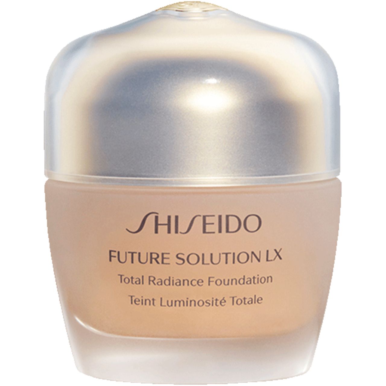 Shiseido Future Solution LX Foundation. Beige Glasflasche mit silbernem Deckel. Produktname und Logo sichtbar.