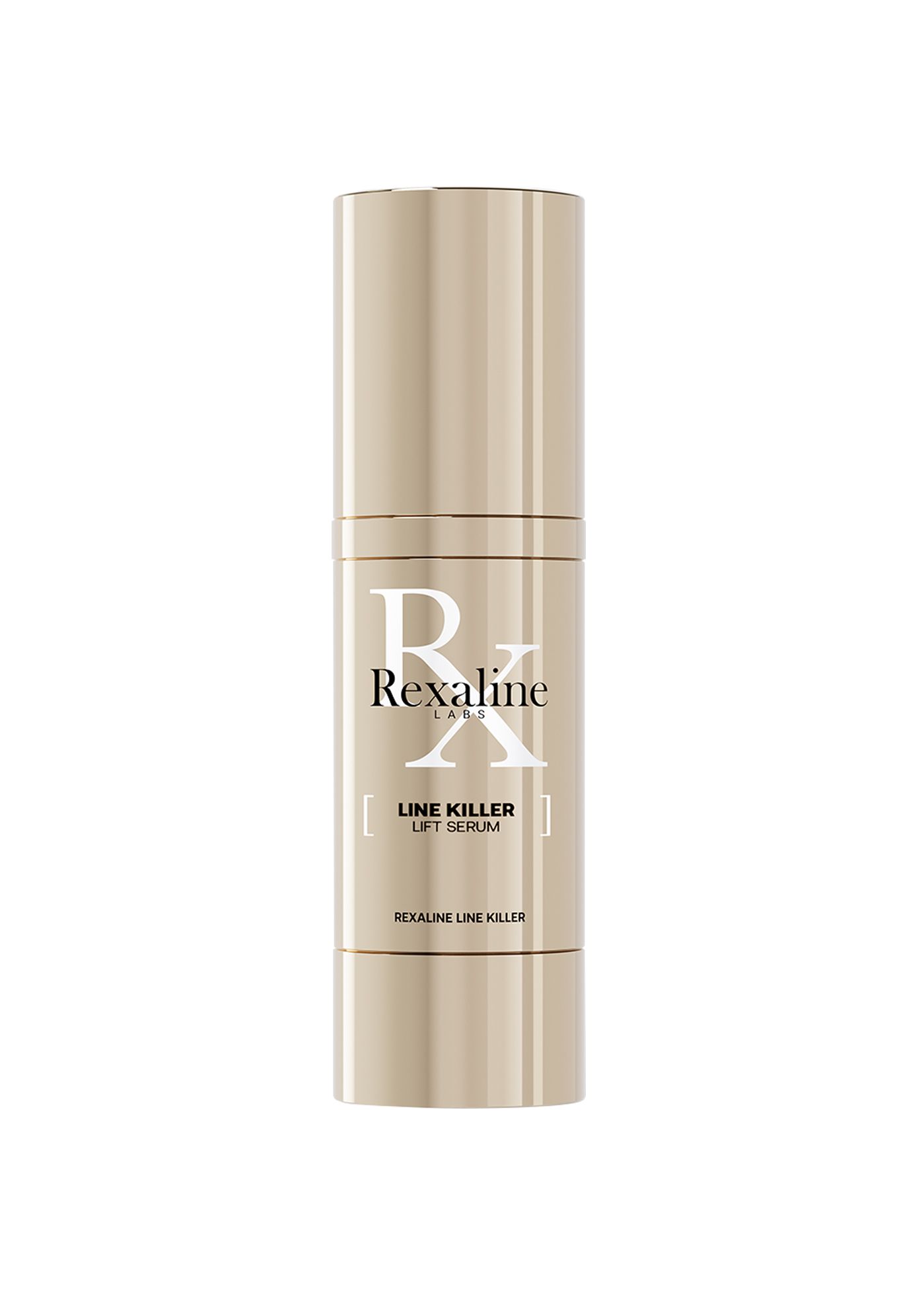 Goldfarbene Flasche mit weißem Etikett. Aufschrift: Rexaline Labs, Line Killer Lift Serum.