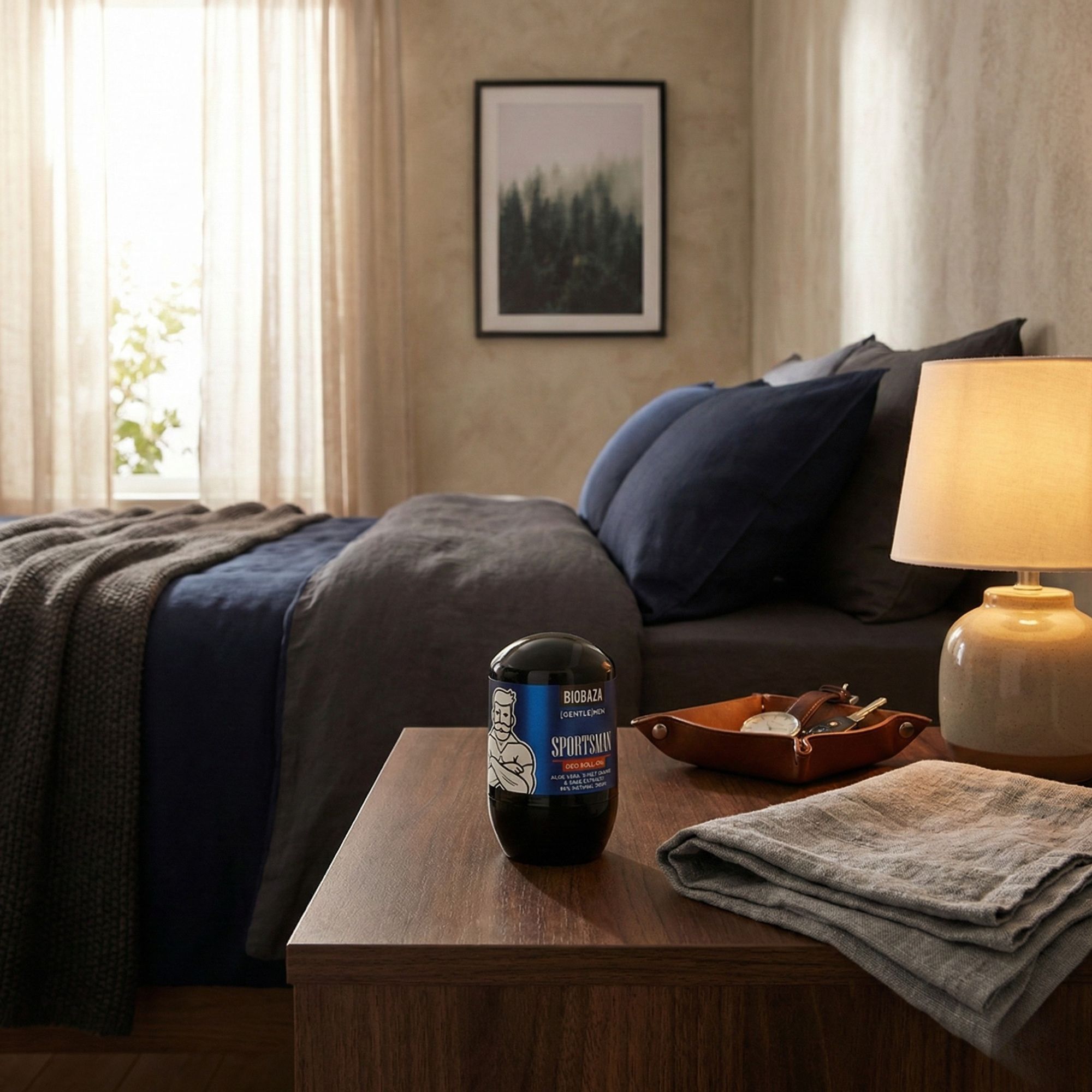 Schwarzer Deo Roll-On mit blauer Banderole. Aufschrift: BIOBAZA SPORTSMAN. Auf einem Nachttisch neben einem Bett.