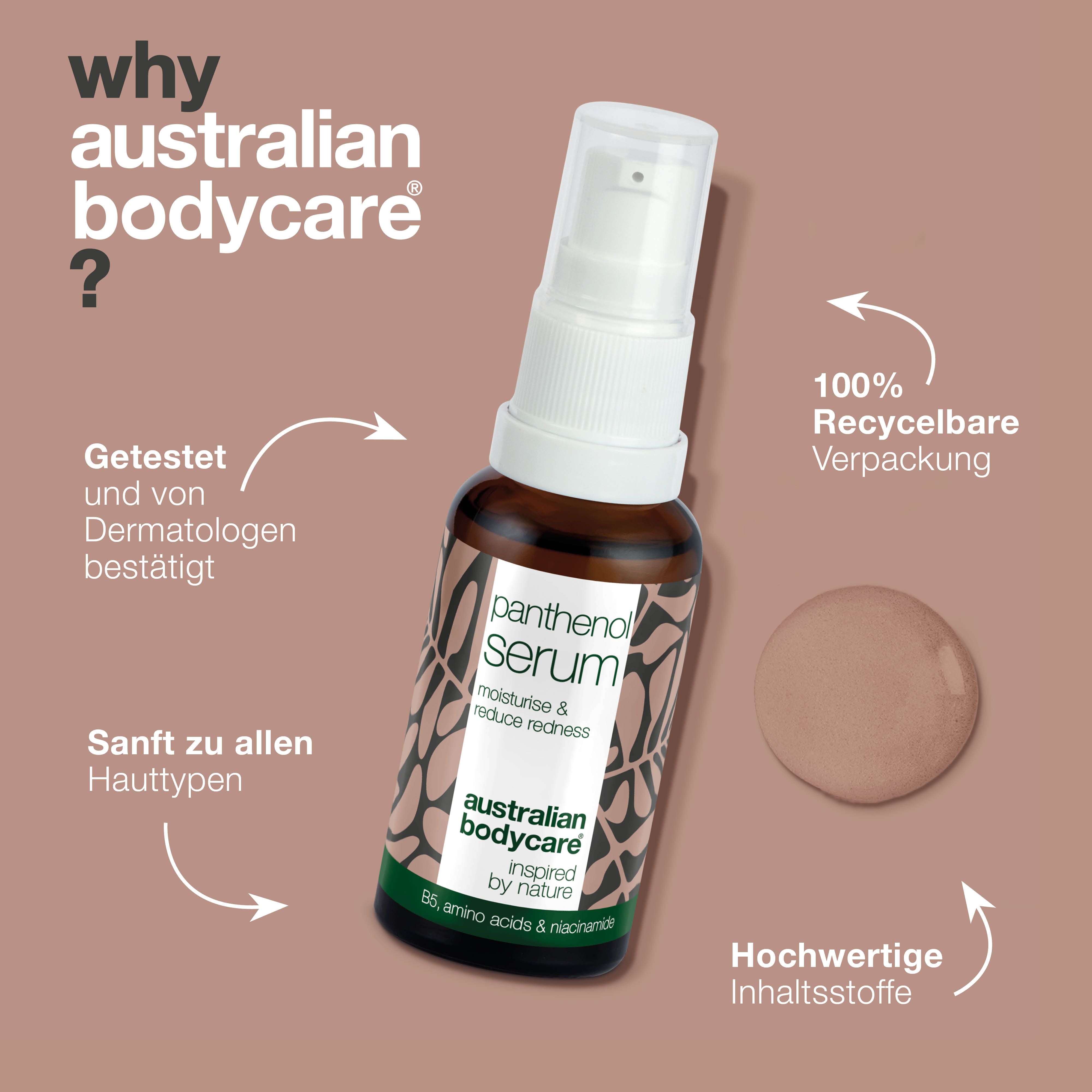 Flasche Panthenol Serum. Text: Getestet und von Dermatologen bestätigt. 100% recyclebare Verpackung.