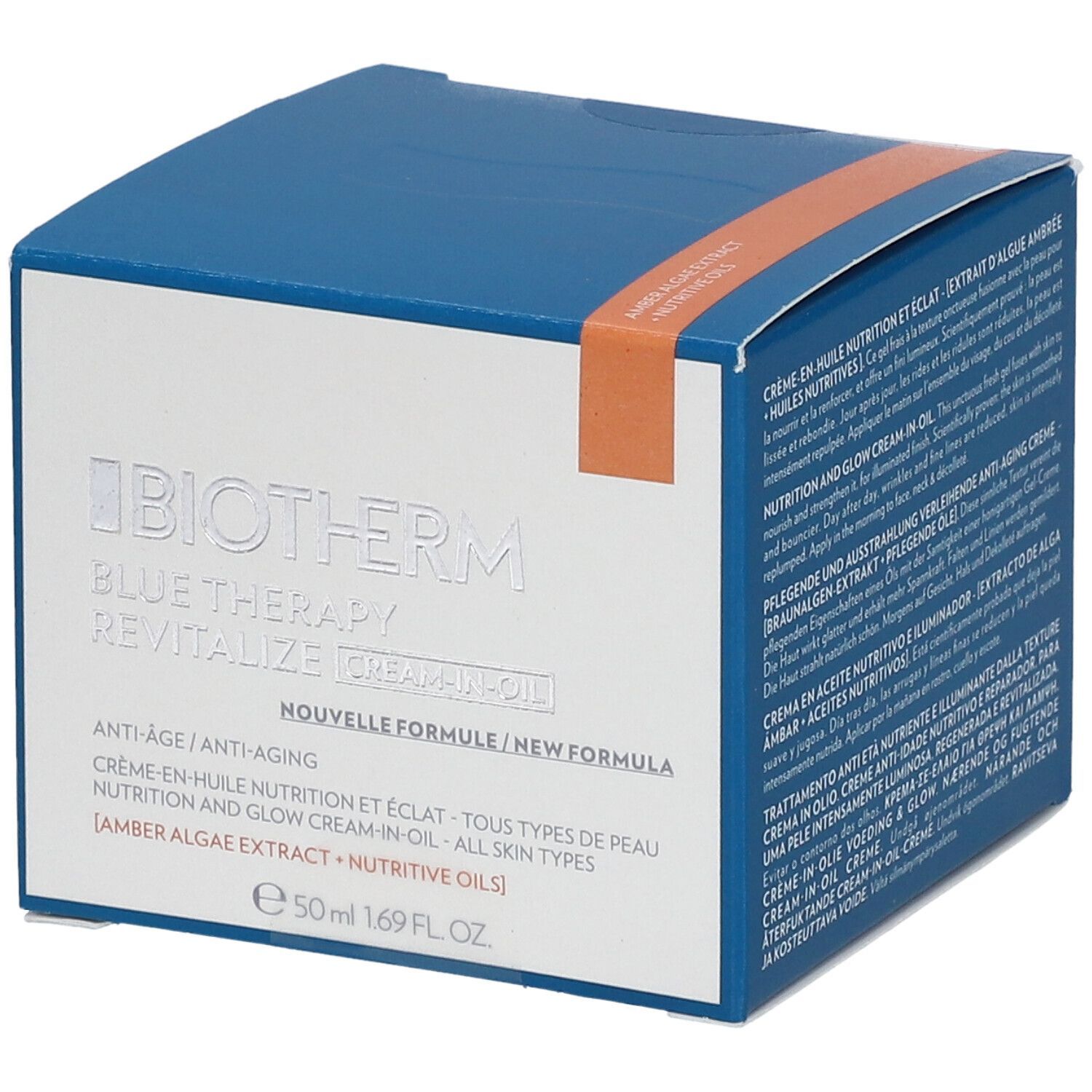 Blauer Karton mit Produktinformationen. BIOTHERM Blue Therapy Revitalize Cream-In-Oil. Neue Formel. 50 ml.