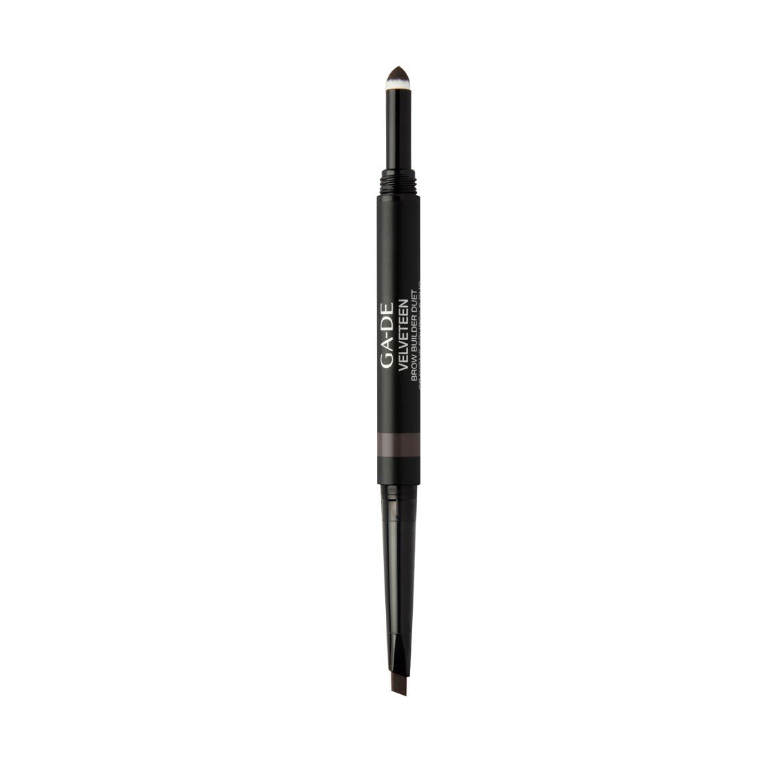 Stift mit zwei Enden. Aufschrift: GA-DE Velveteen Brow Builder Duet. Dunkelbraune und hellbraune Stifte.