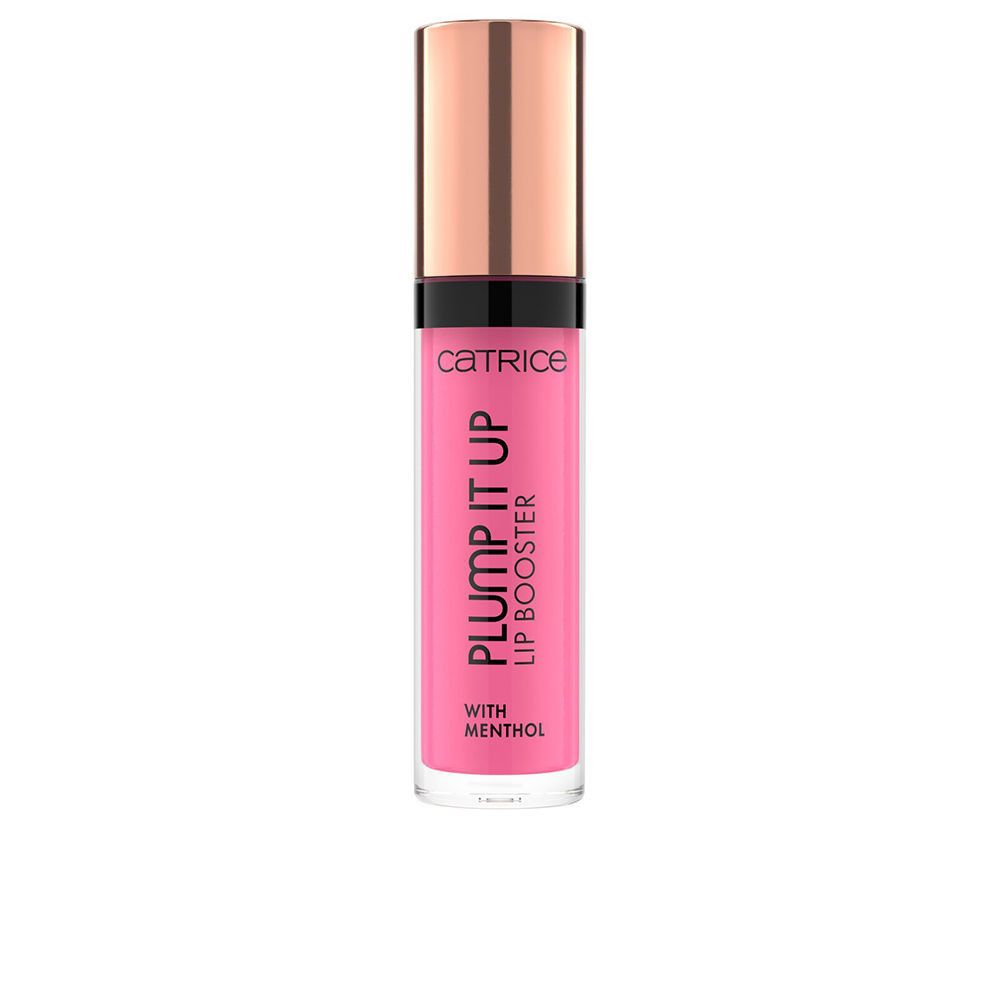Lippenverstärker mit rosafarbenem Gehäuse und kupferfarbener Kappe. Schriftzug: PLUMP IT UP, LIP BOOSTER, mit Menthol. Marke: Catrice.
