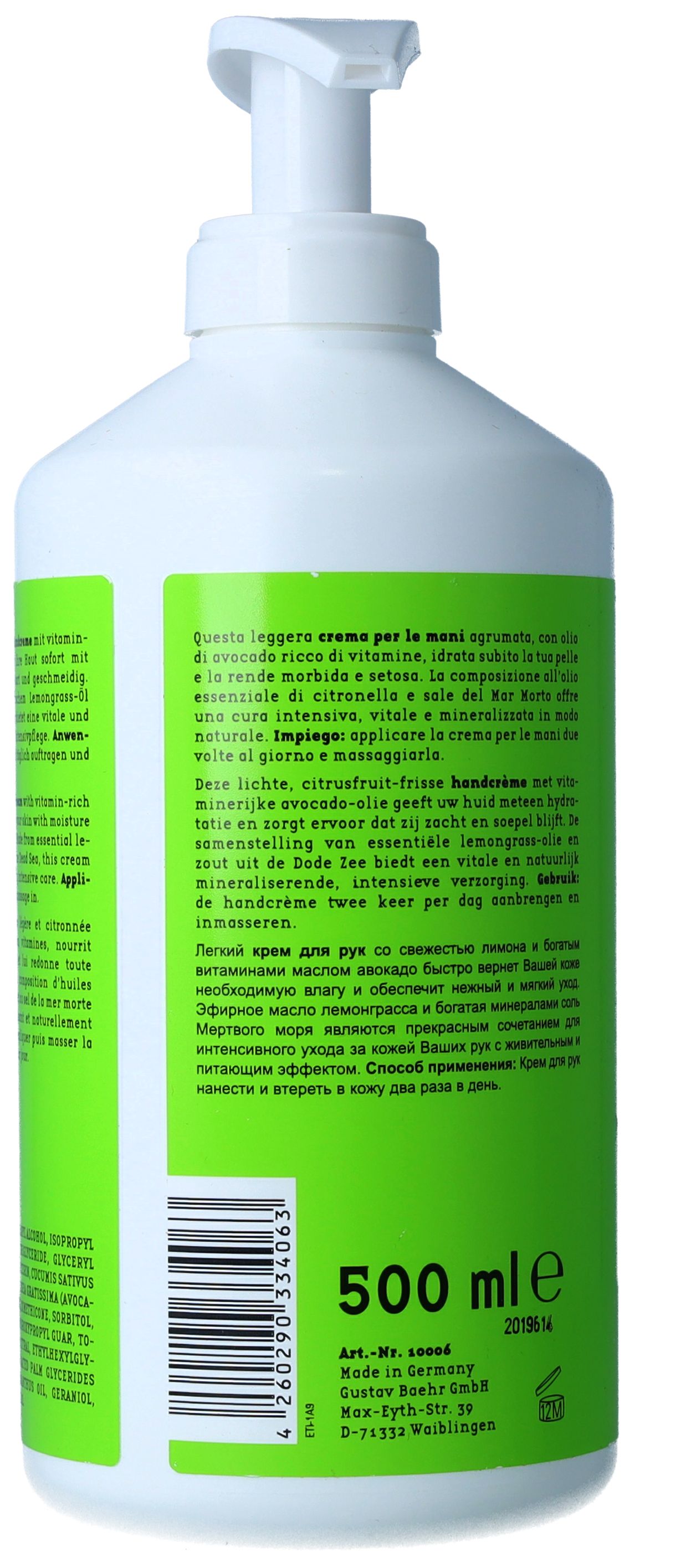 Rückseite der Flasche. Text in Deutsch, Englisch, Französisch, Italienisch und Russisch. Aufschrift: "500 ml".